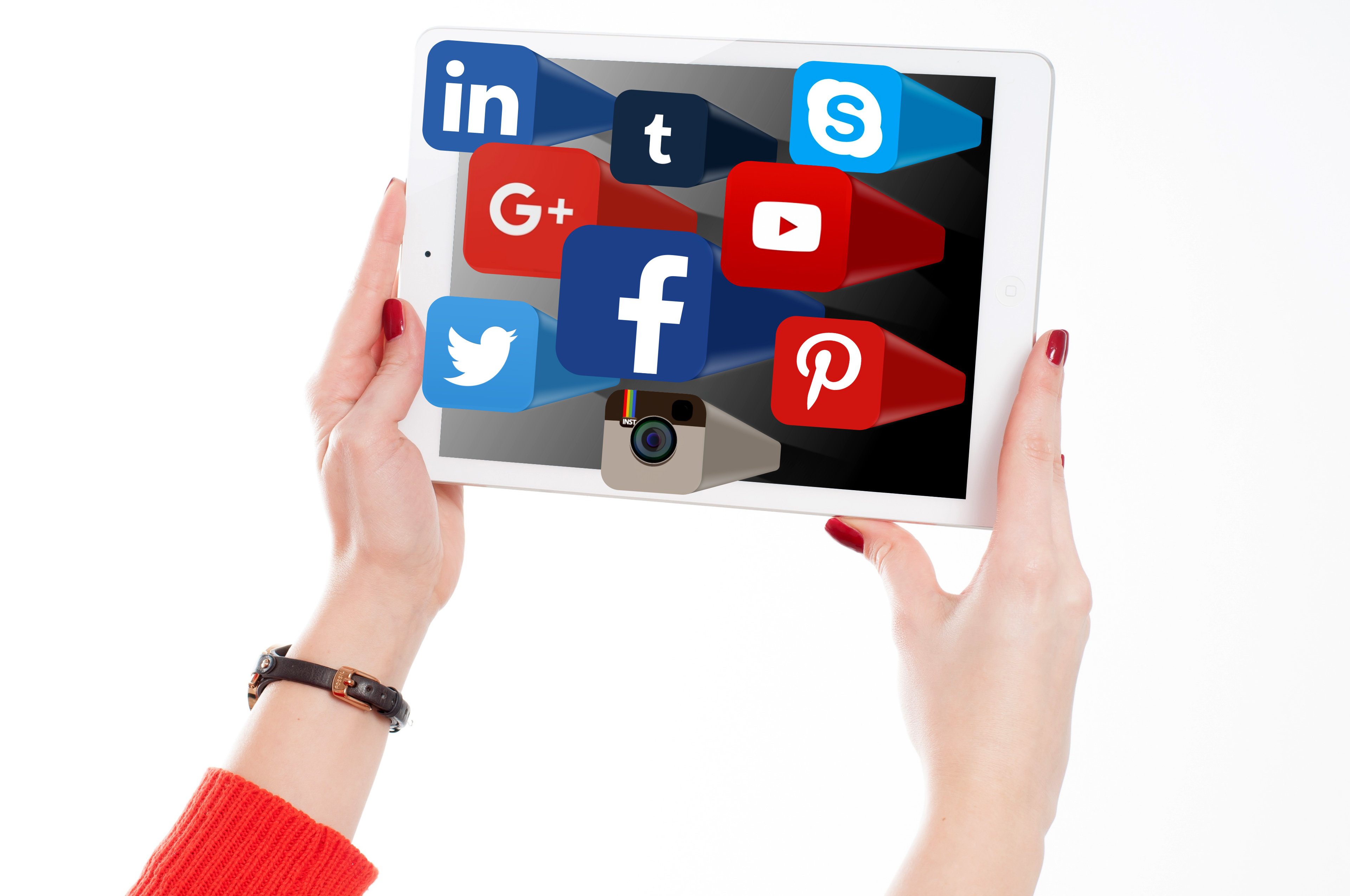 Woman Holding Tablet with Social Media Networks Logos, 3d, Network, Planning, Pinterest, HQ Photo