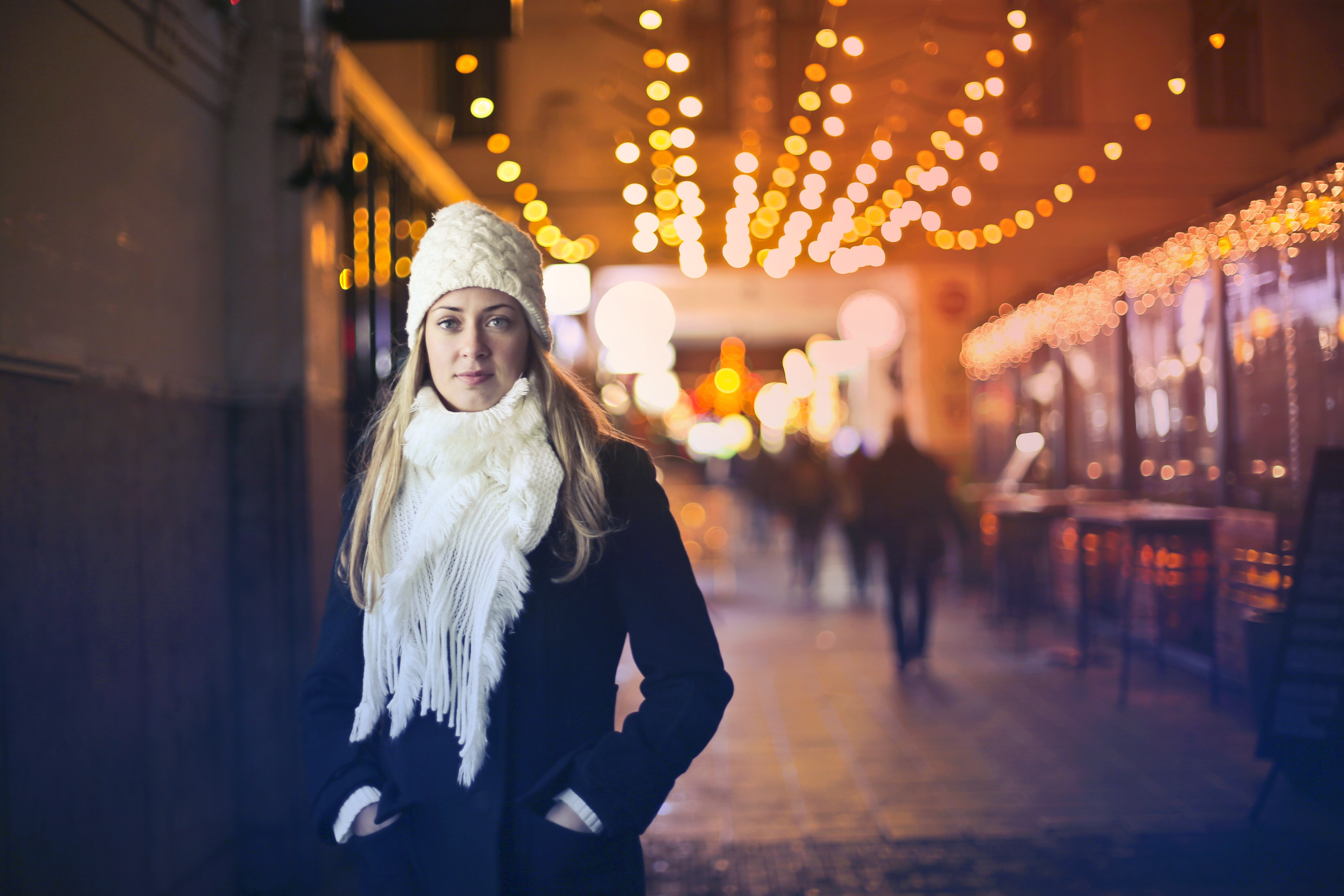 Woman In Black Long-sleeved Top With White Scarf, Beanie, Girl, Winter, Wear, HQ Photo