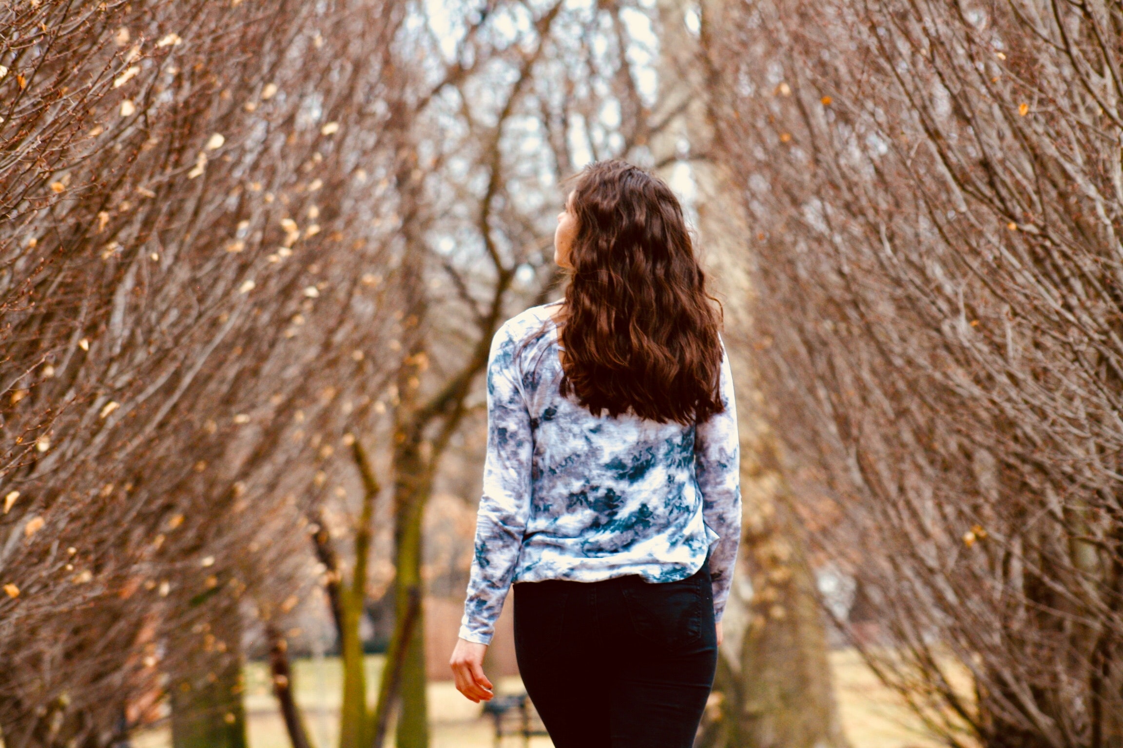 Woman in blue and white long-sleeved shirt walking along leafless tree photo