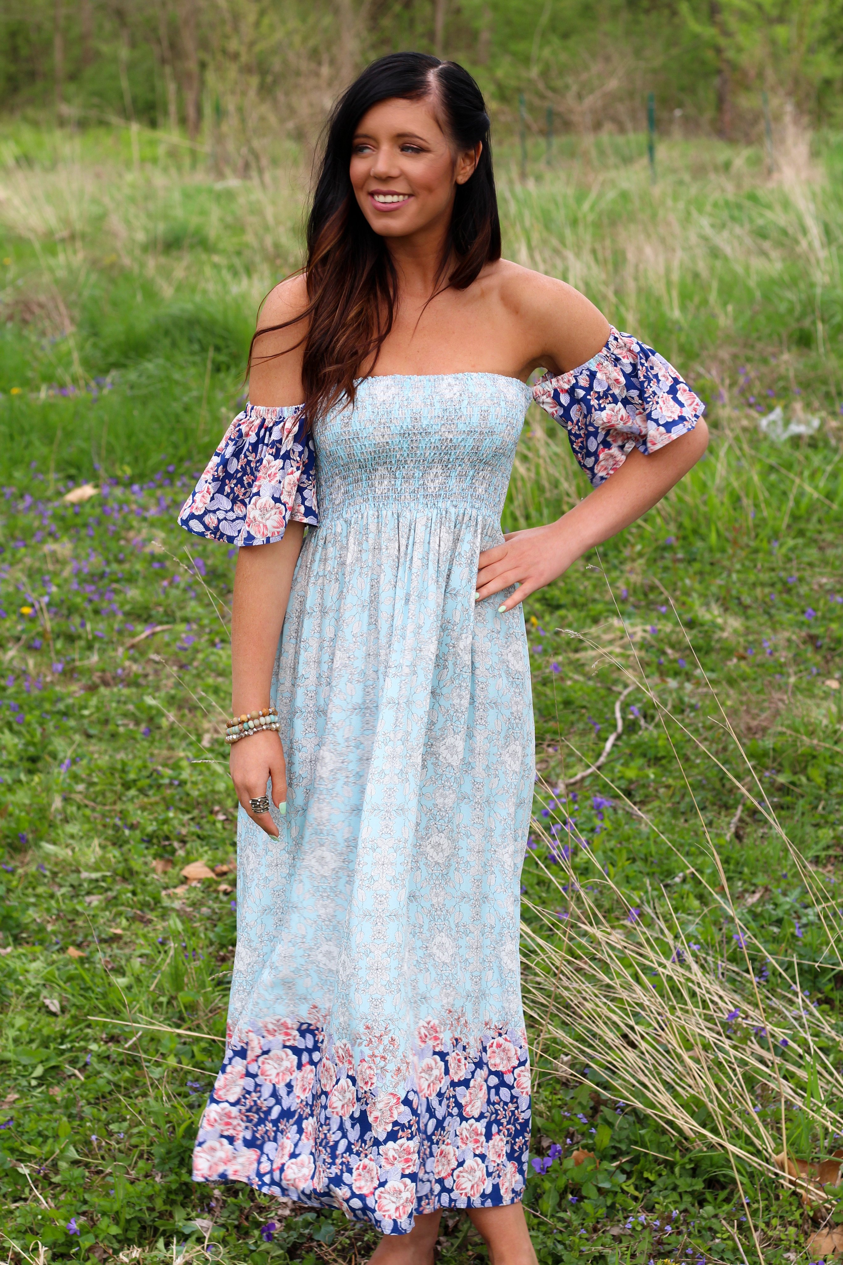 Blue Off Shoulder Floral Print Dress - 1 Happy Girl