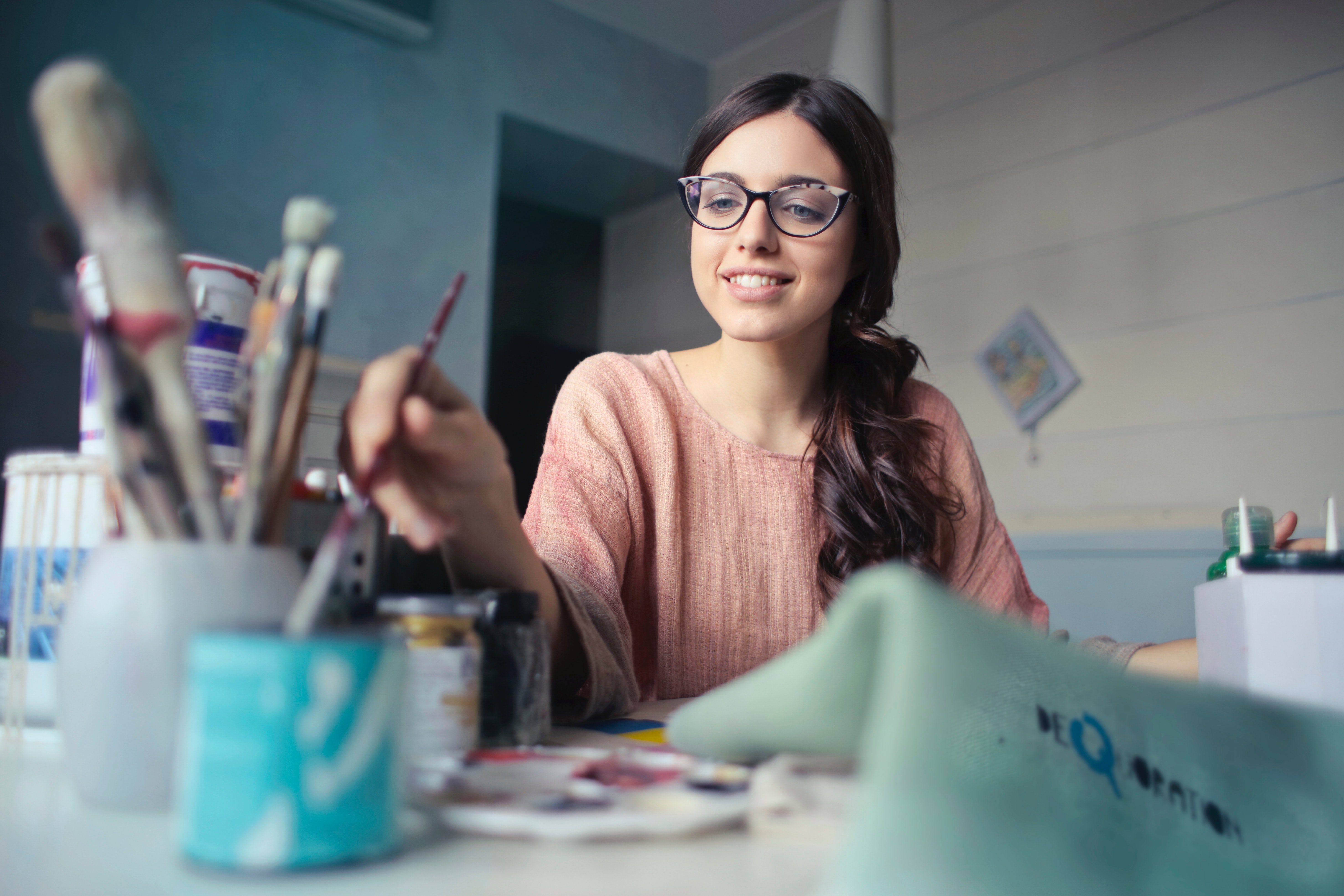 Woman in Brown Long-sleeved Shirt Wearing Eyeglasses Holding Paint Brush, Art, Smiling, Material, Paint, HQ Photo