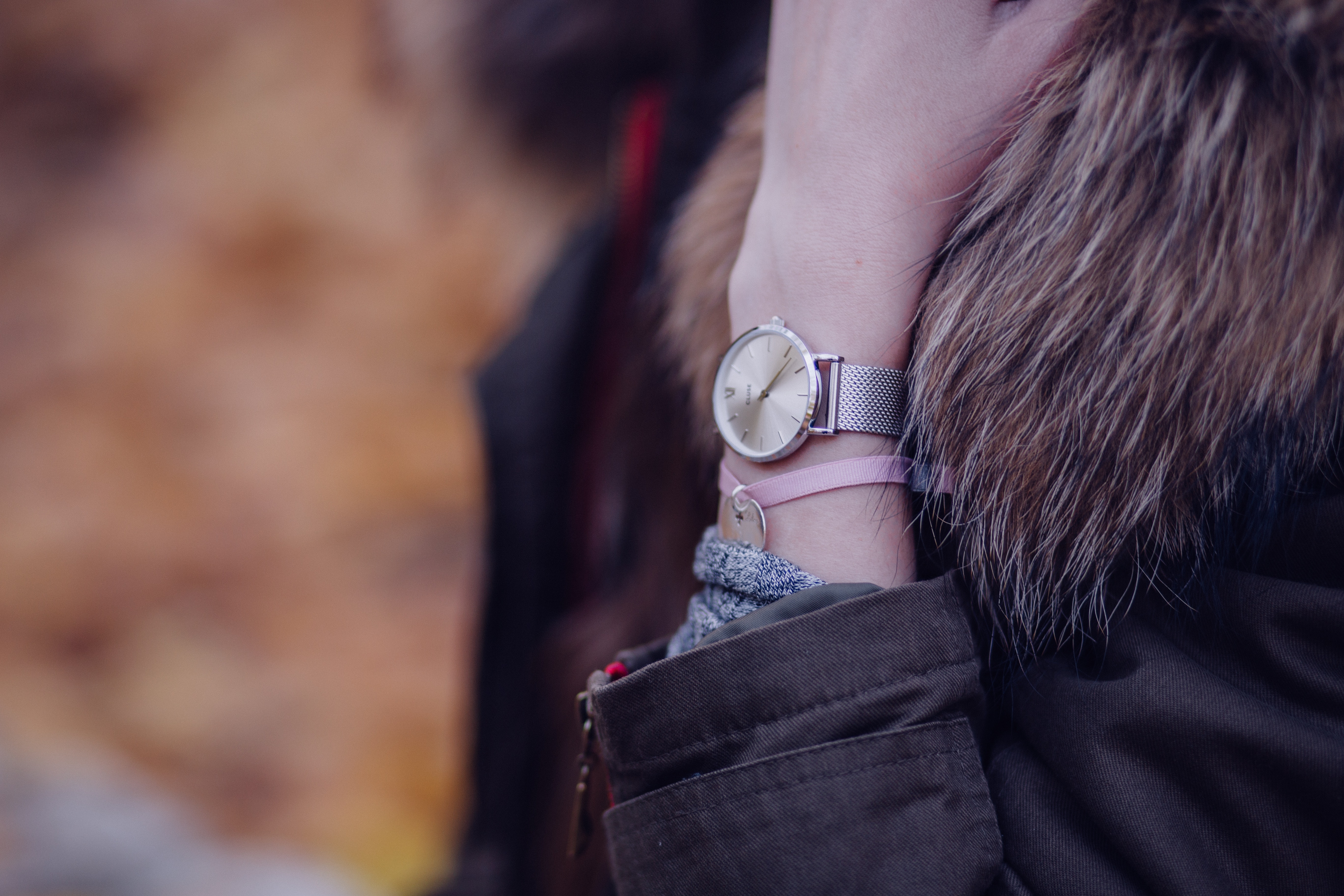 Woman in Brown Parka Jacket With Gold Round Analog Watch, Adult, Blur, Fashion, Fur, HQ Photo