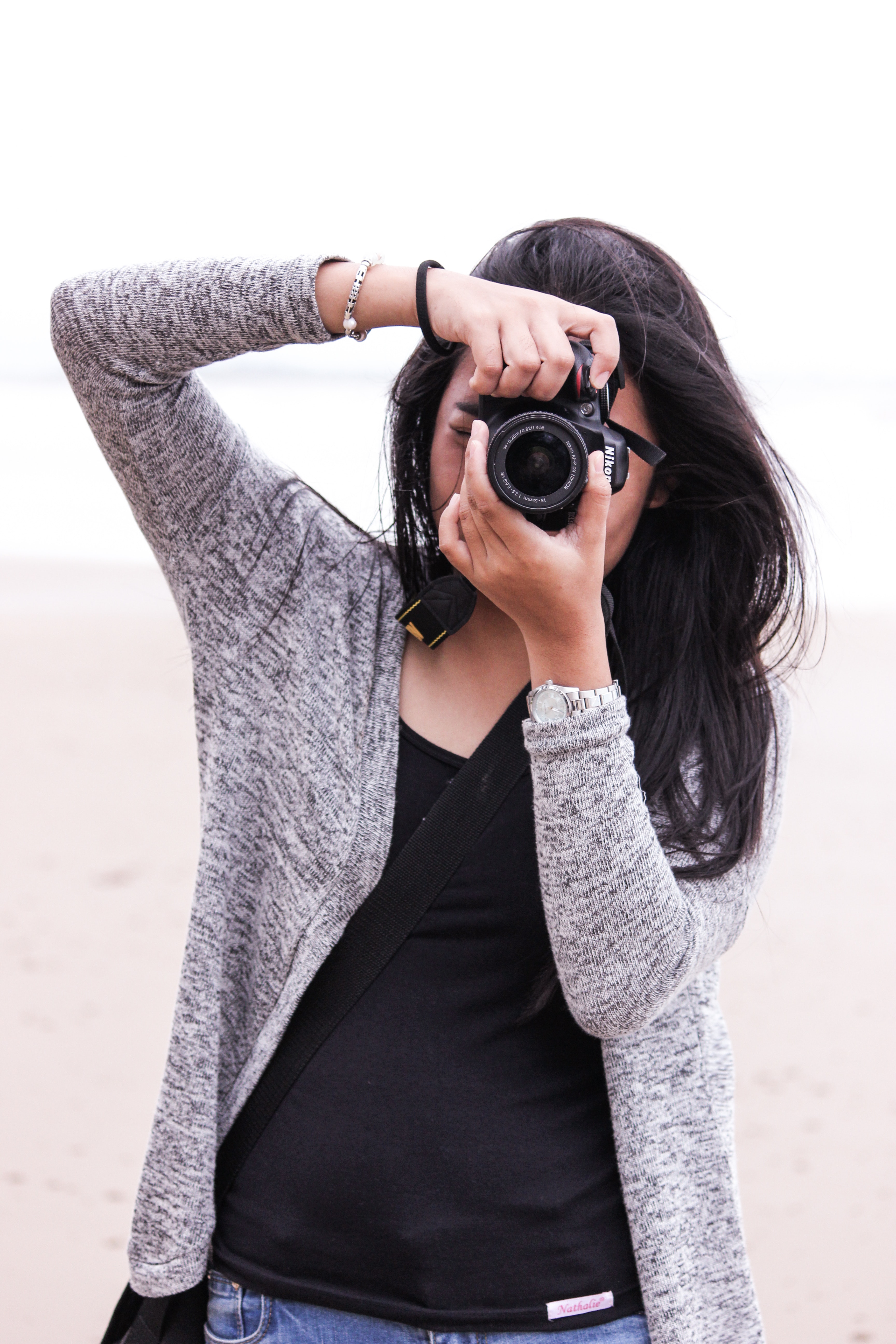 Woman in Gray Cardigan and Black Shirt Holding Black Dslr Camera, Adult, Outfit, Woman, Wear, HQ Photo