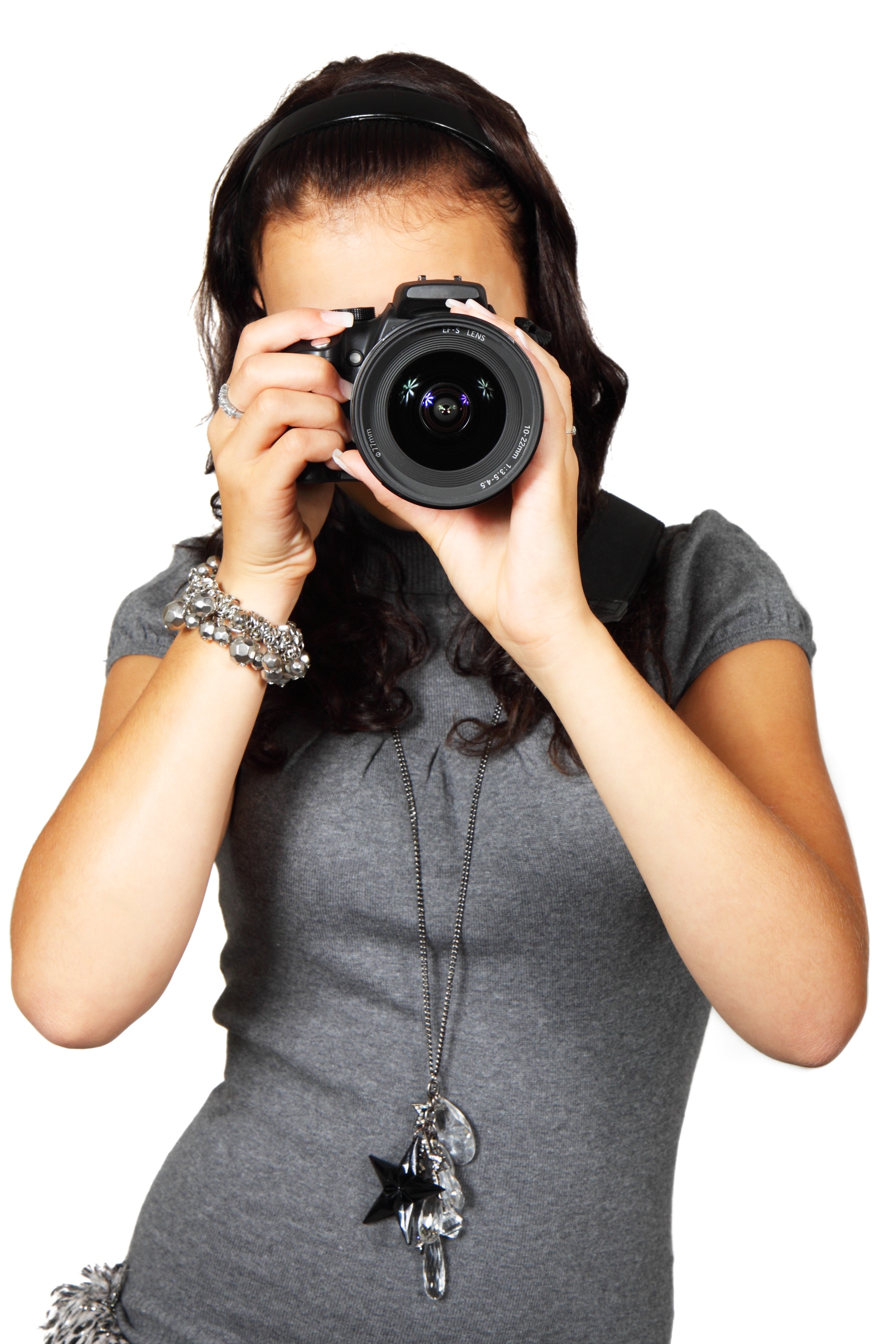 Woman in grey t-shirt using black dslr camera photo