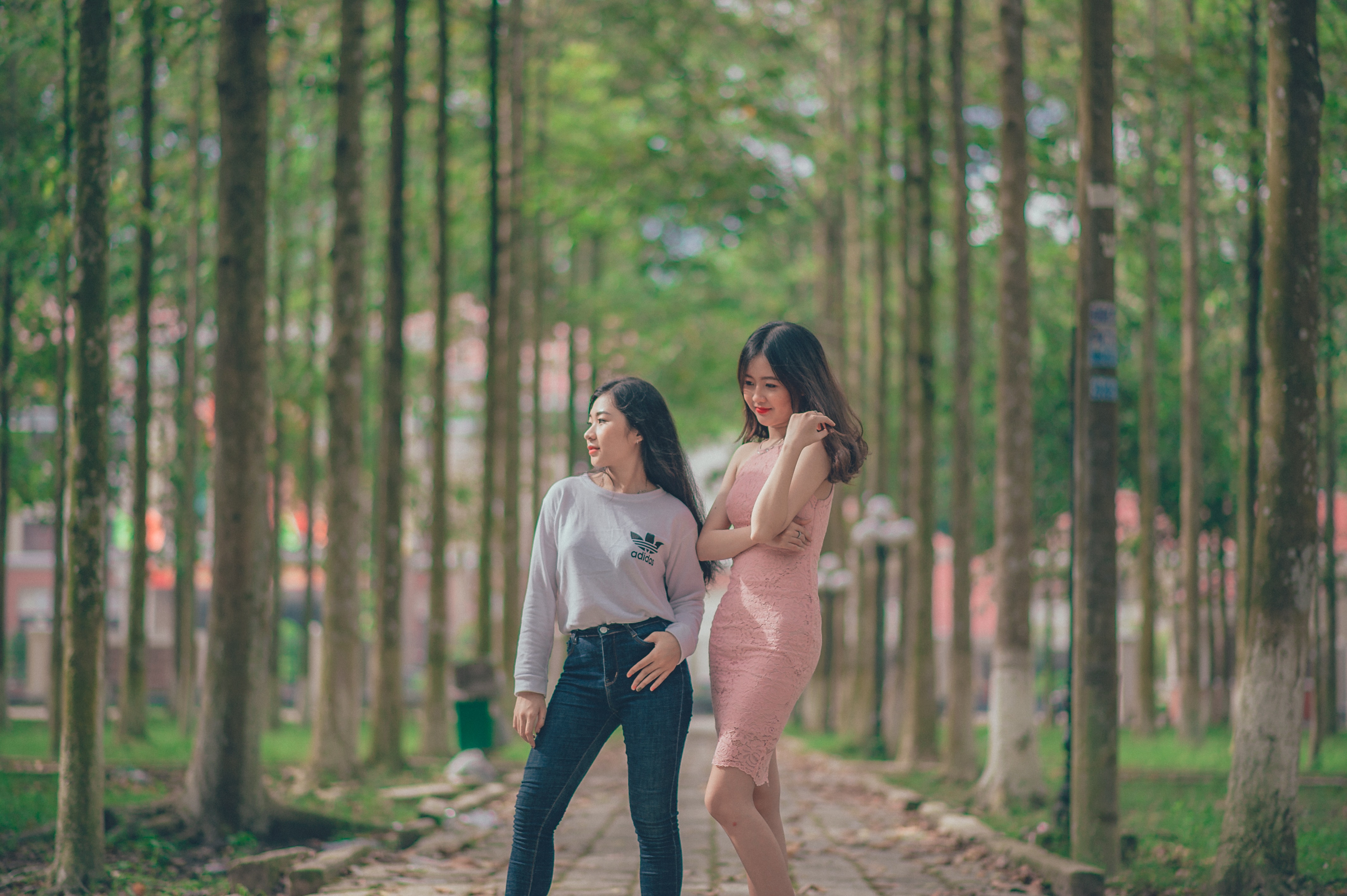 Woman in pencil dress beside woman in gray sweatshirt and blue jeans standing on pathway photo