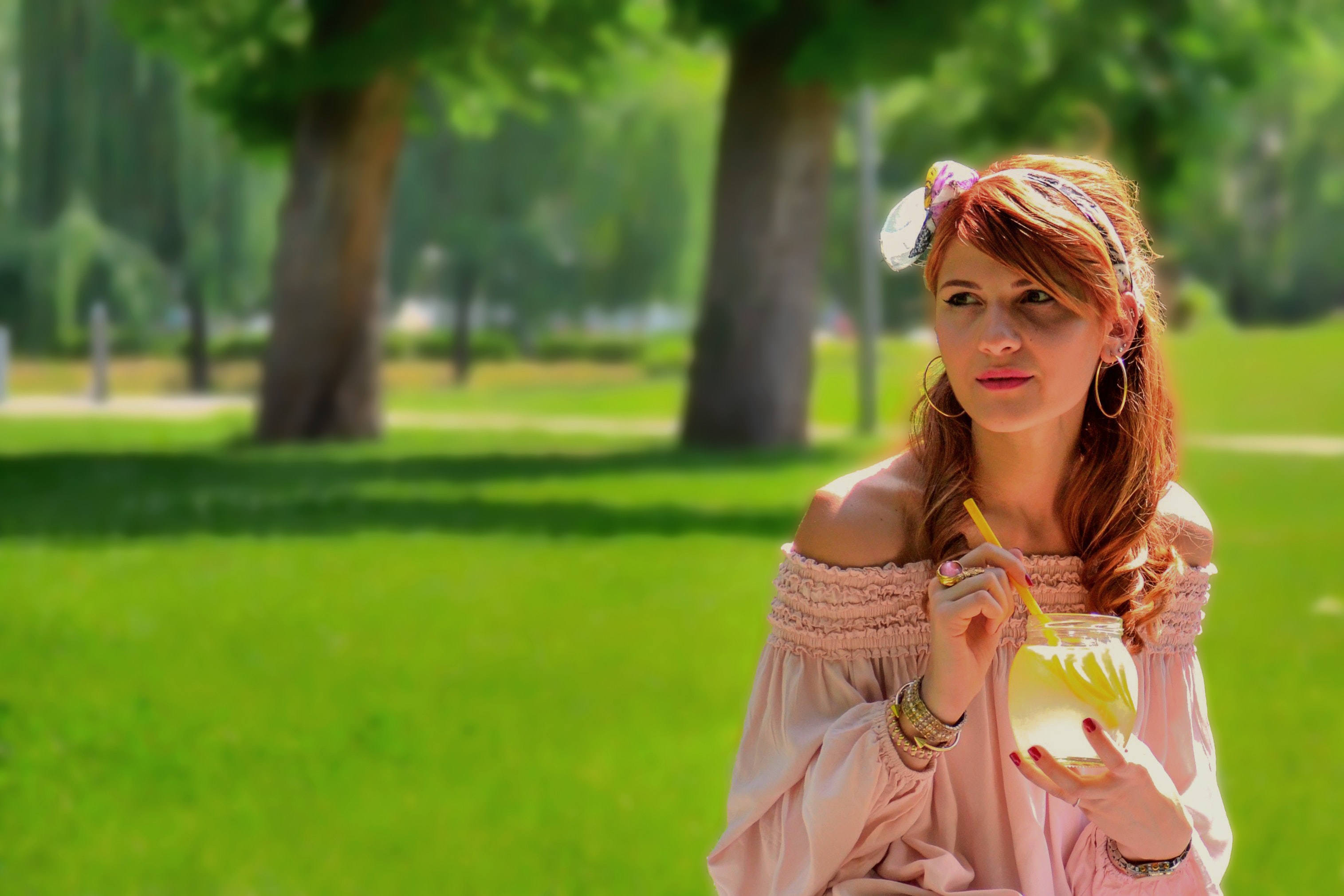 Woman in Pink Off-shoulder Long-sleeves Blouse, Photoshoot, Homemade, Landscape, Lawn, HQ Photo