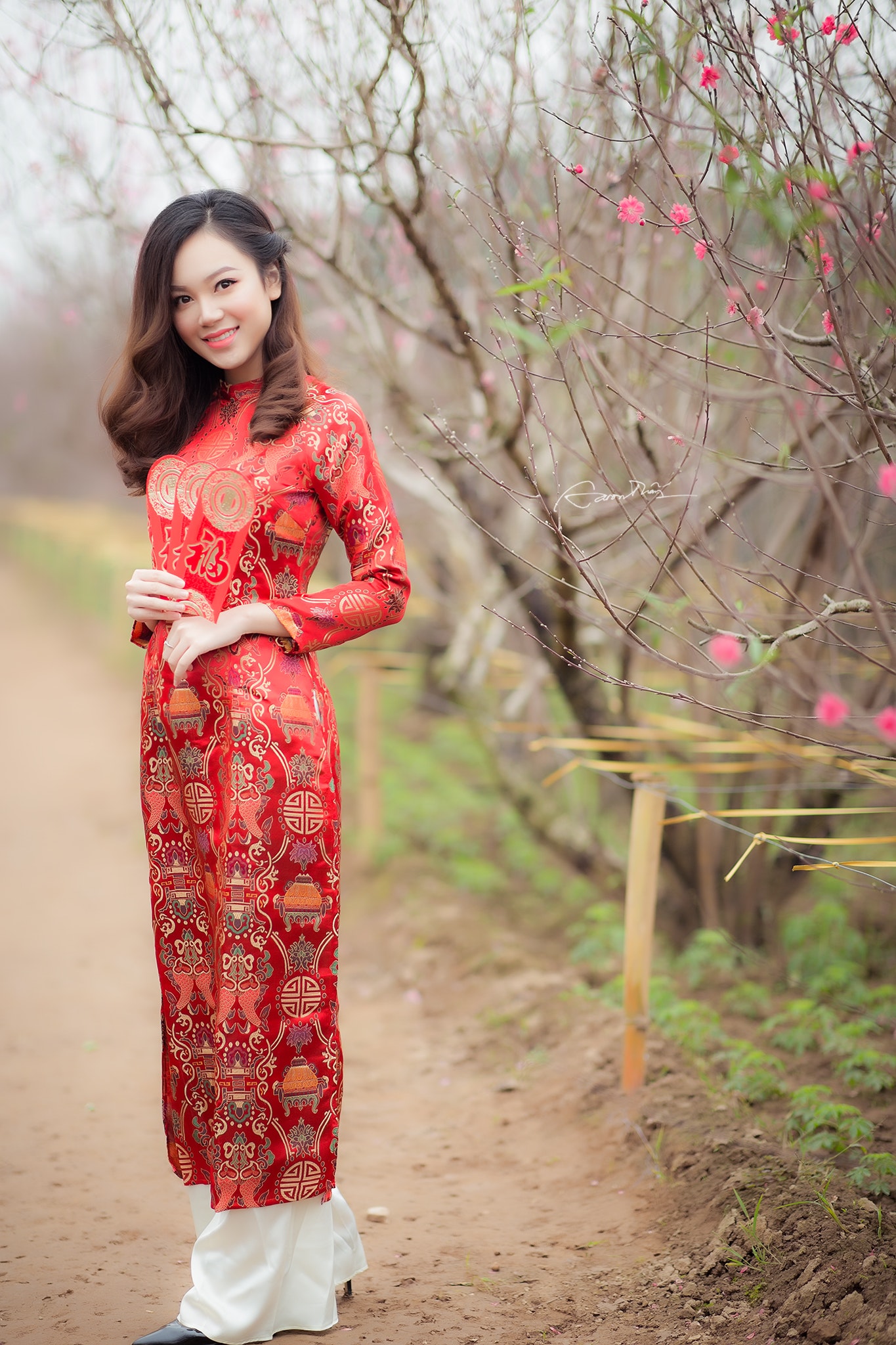 Woman in red crew-neck long-sleeved dress near bare tree photo