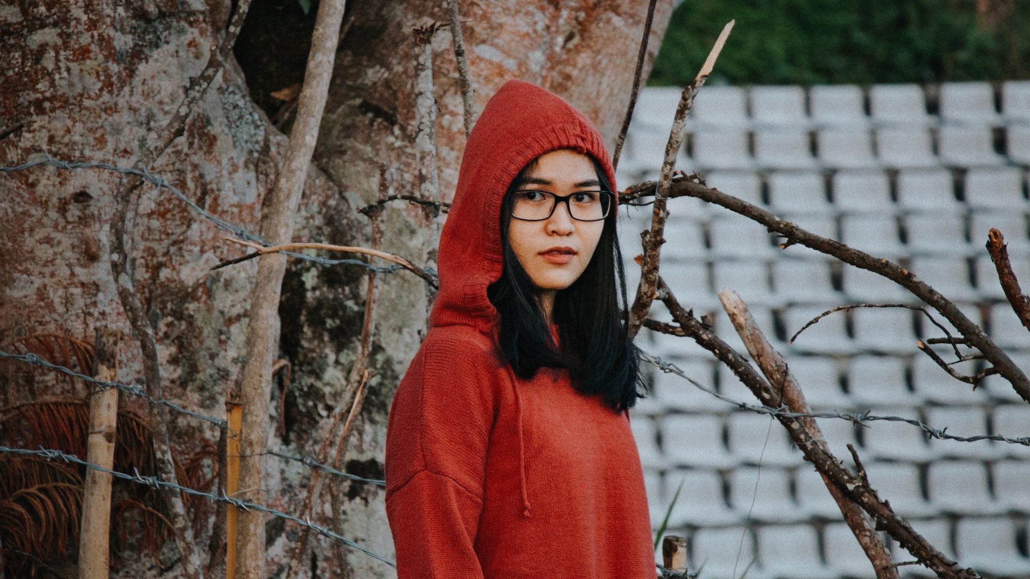 Woman in red pullover hooded jacket photo