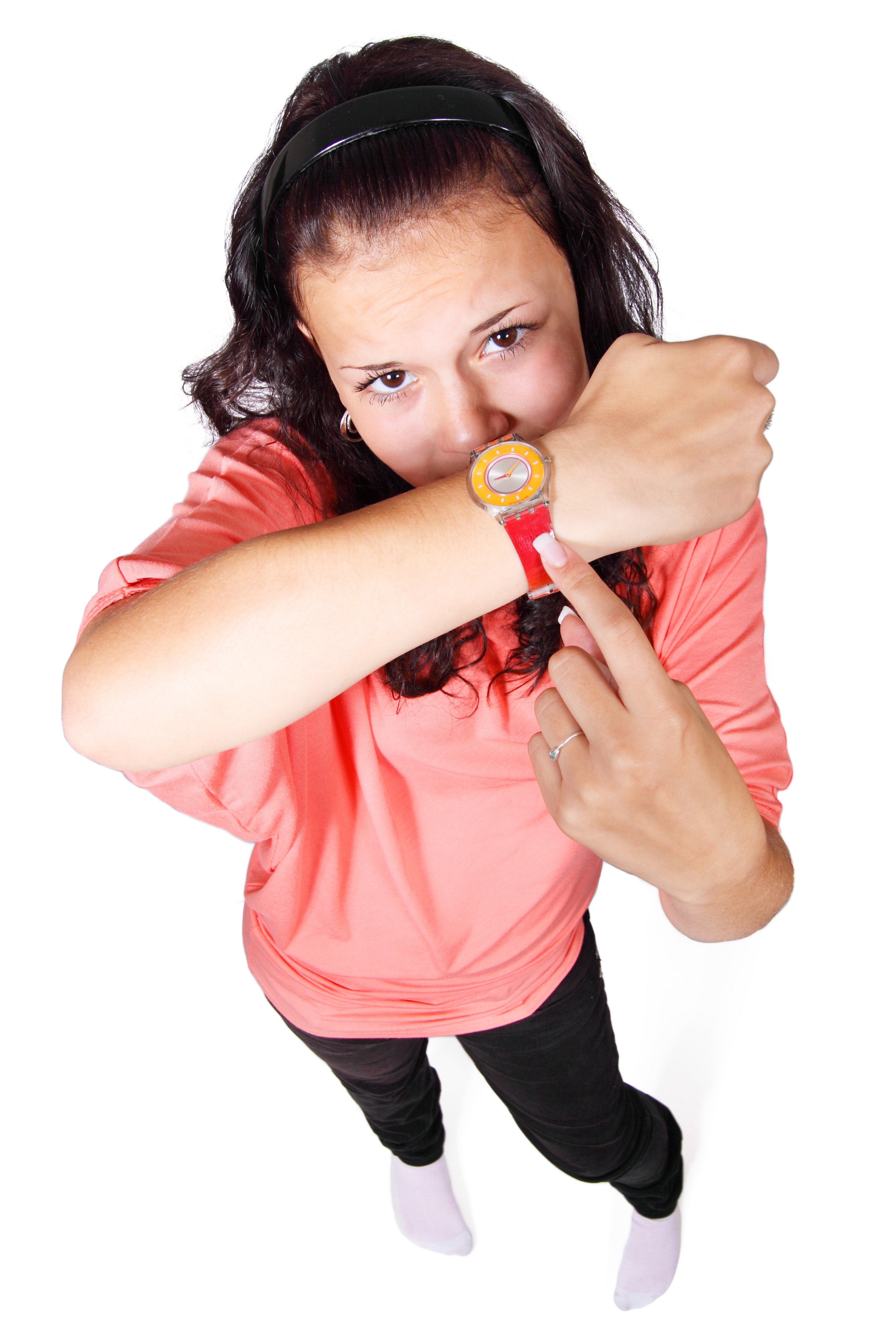 Woman in red yellow round analog watch photo