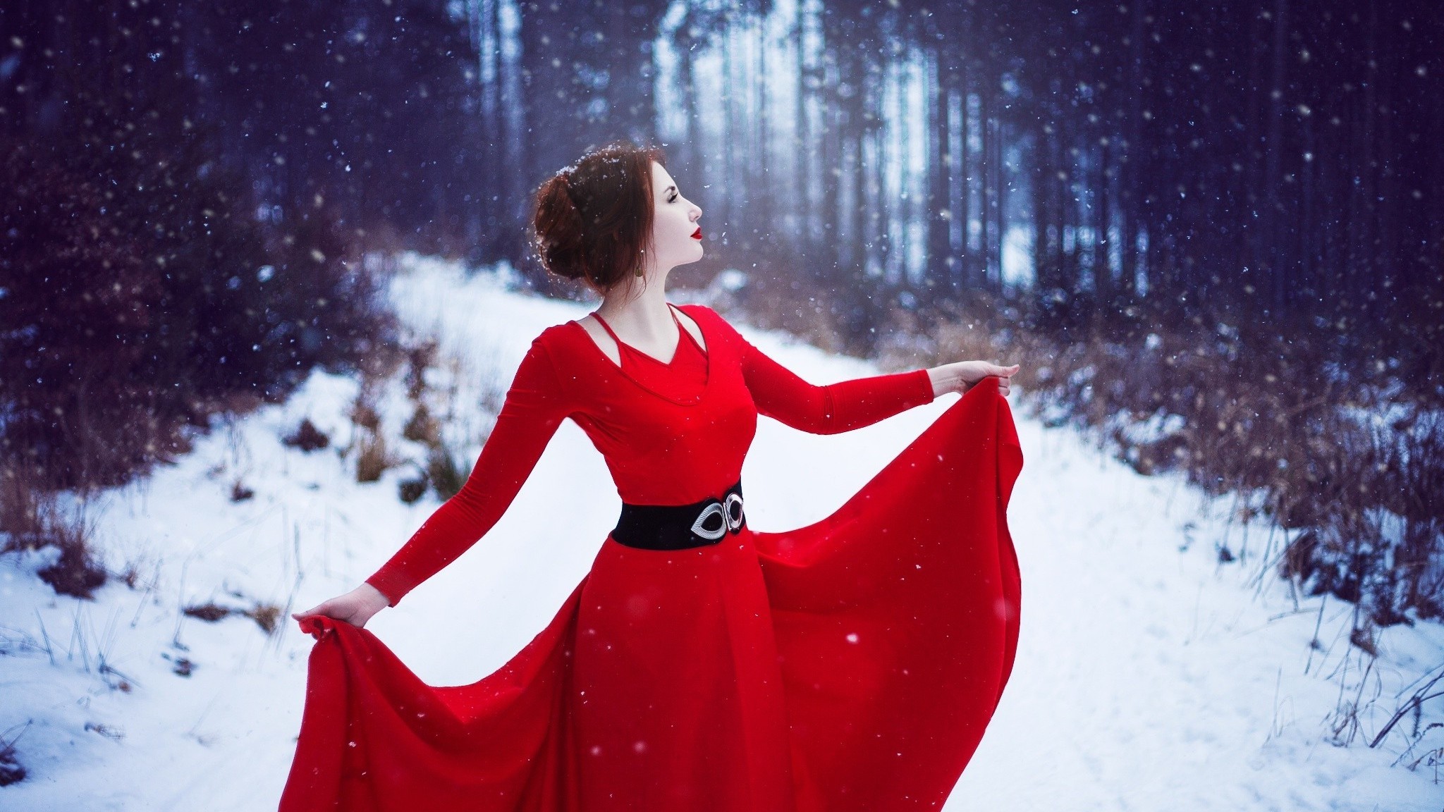2048x1152 Red Dress Woman In Snow 2048x1152 Resolution HD 4k ...