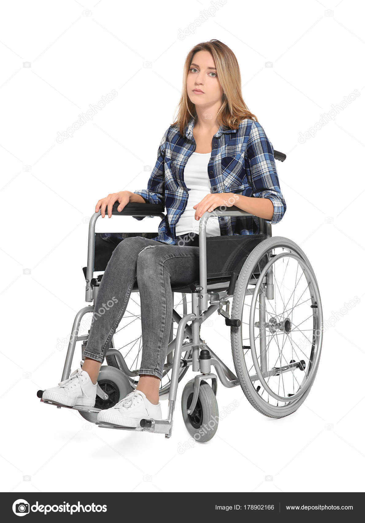 Young woman in wheelchair on white background — Stock Photo ...