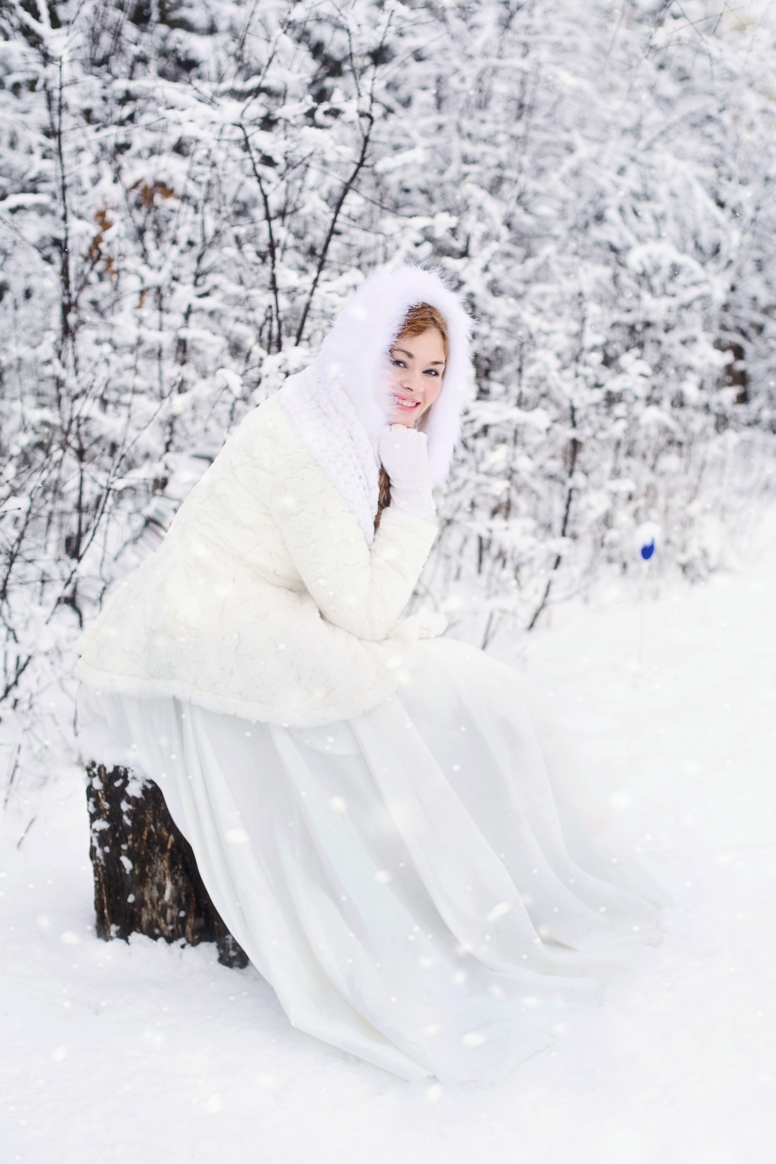Woman in white fur hooded dress in white snow filed photo