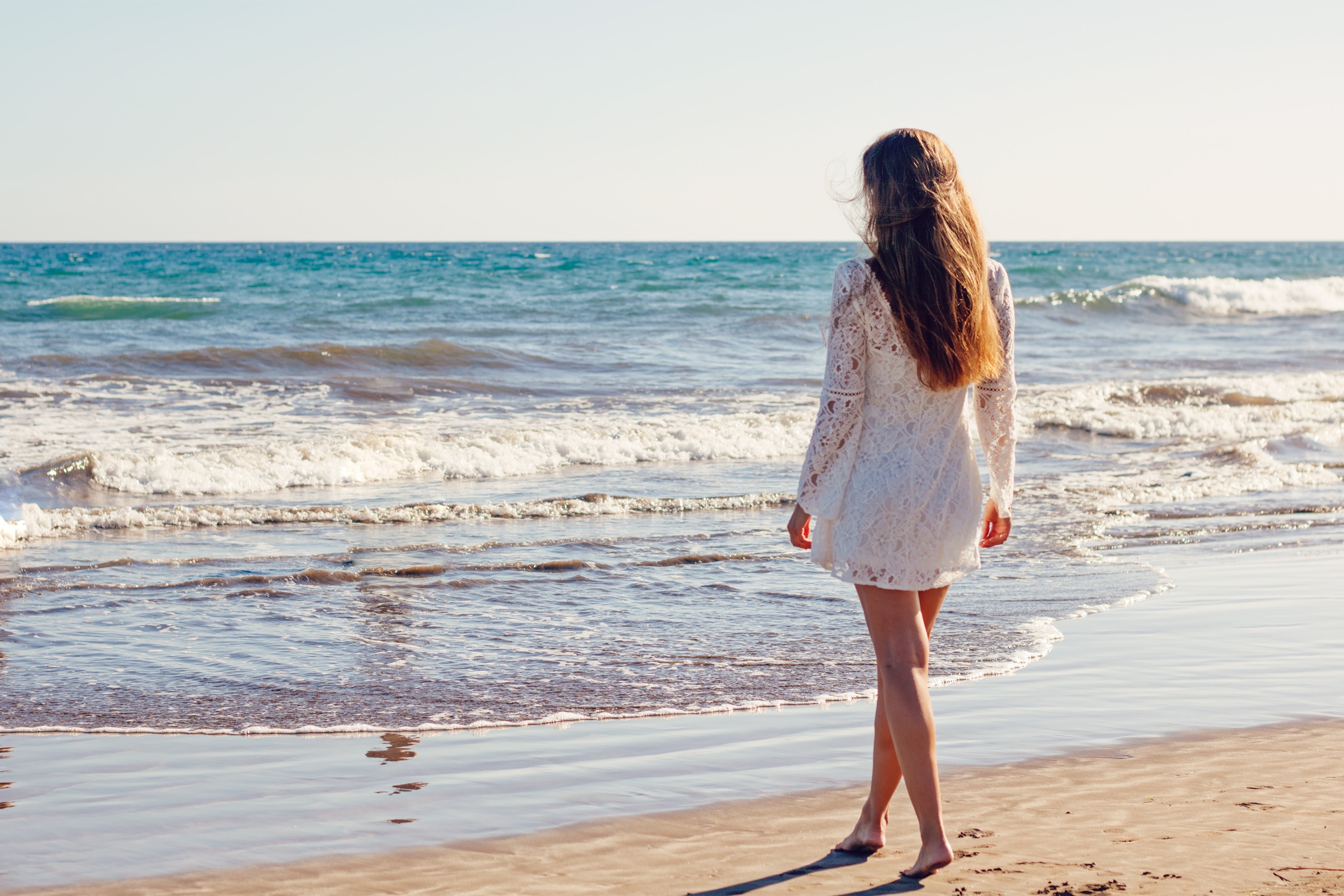 Woman in White Lace Long Sleeves Dress on Seashore, Beach, Relaxation, White dress, Waves, HQ Photo