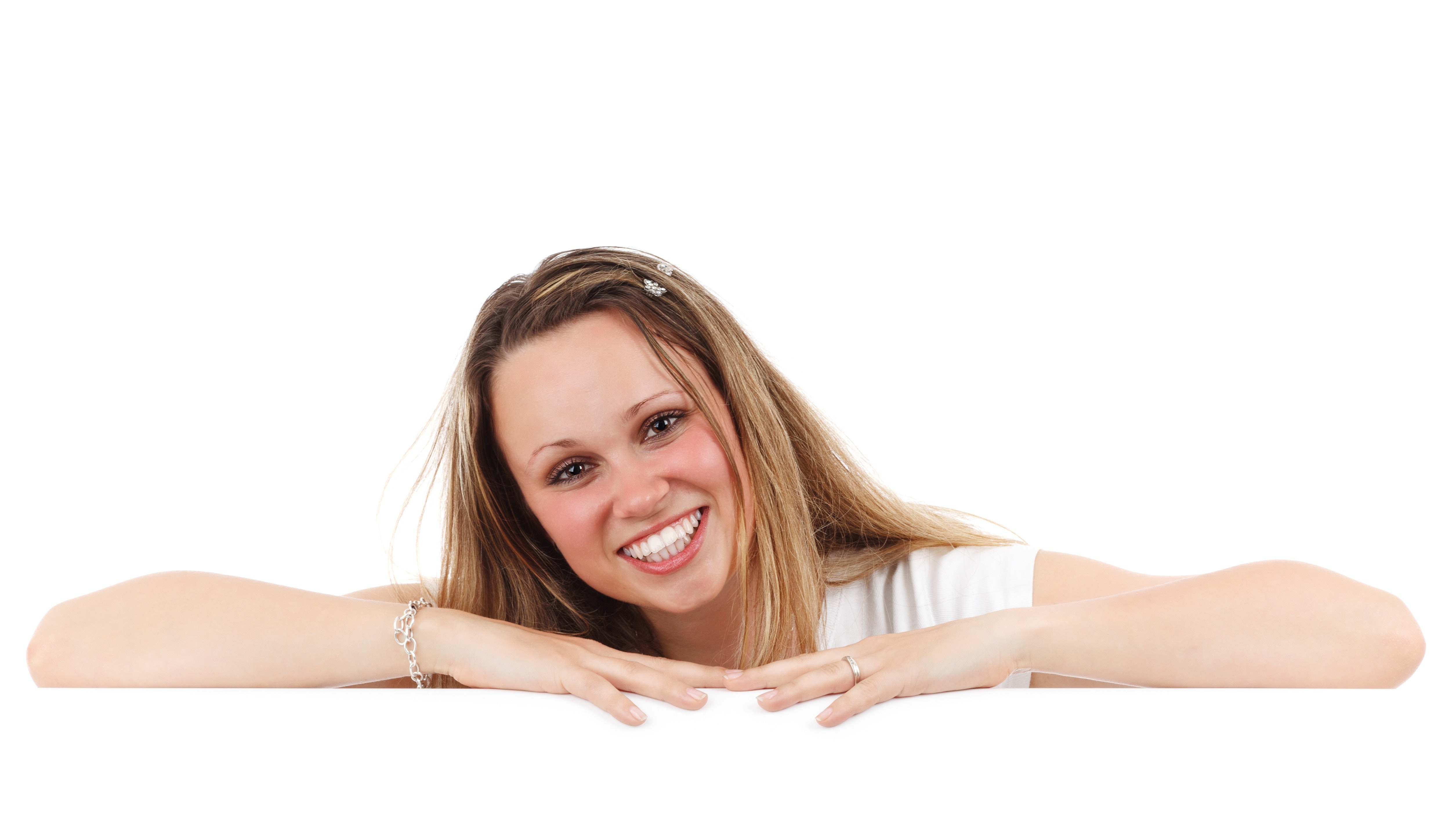 Woman in white t shirt smiling photo