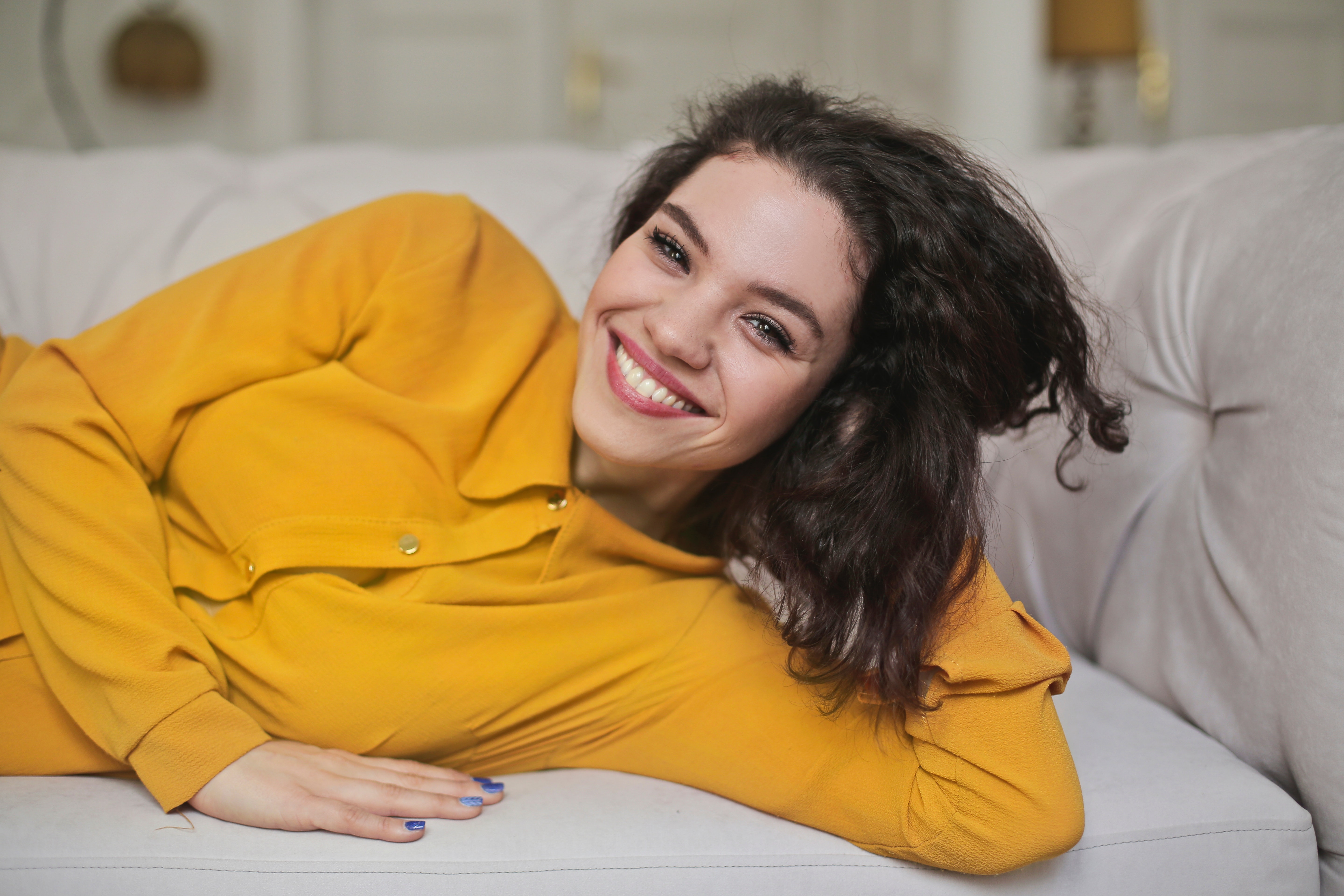 Woman In Yellow Button-up Top, Brunette, Person, Woman, Sofa, HQ Photo