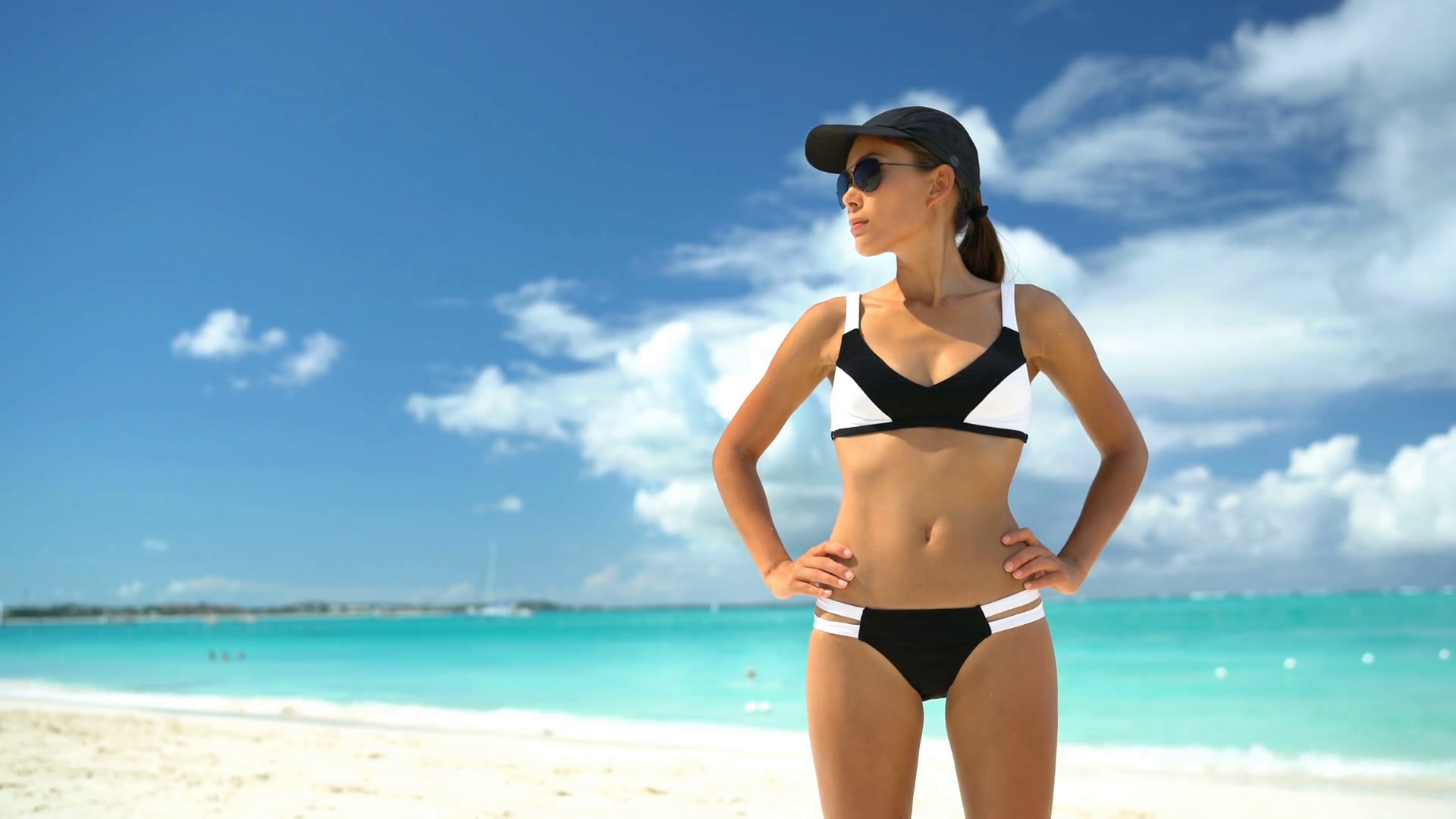 Asian bikini woman on beach summer vacation sporty swimwear girl in ...