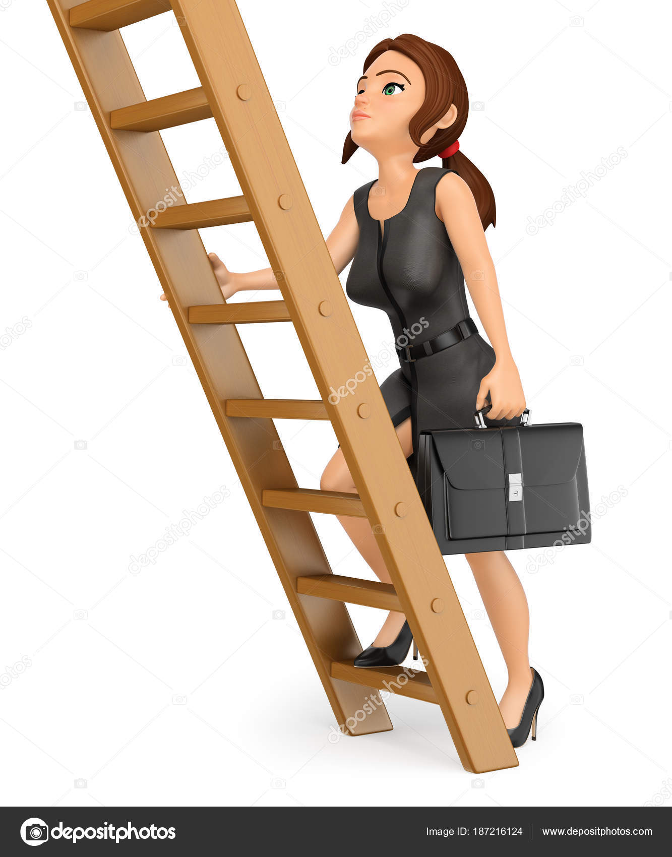 3D Business woman climbing up a wooden ladder. Job promotion — Stock ...