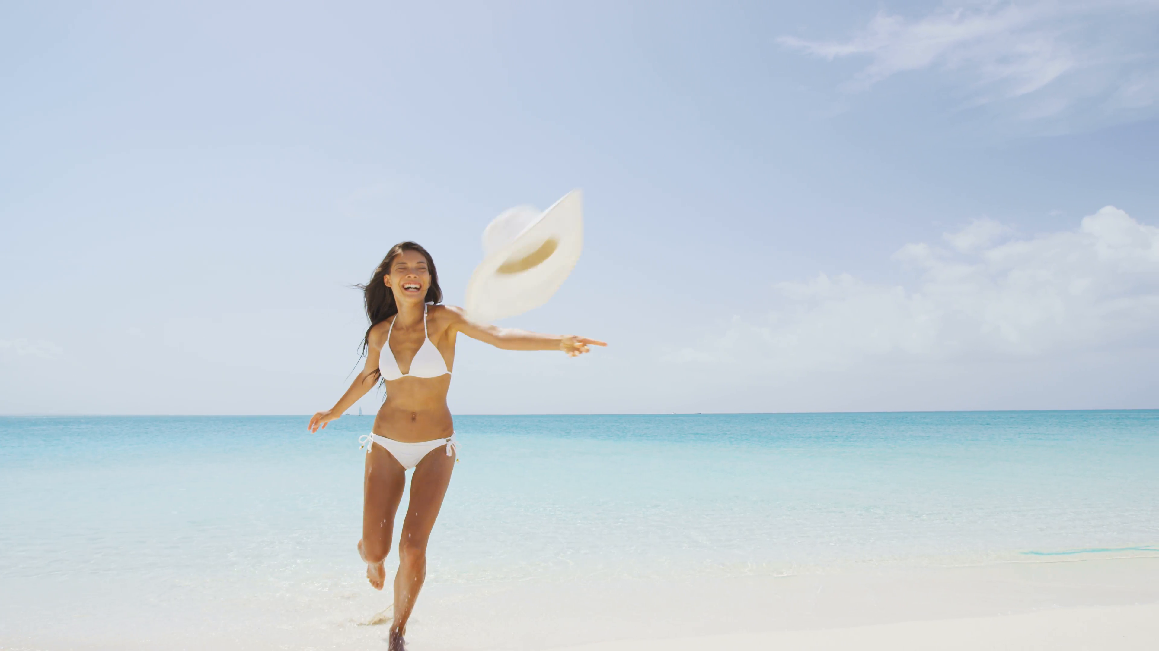 Beach bikini woman carefree running in freedom fun. Joyful happy ...