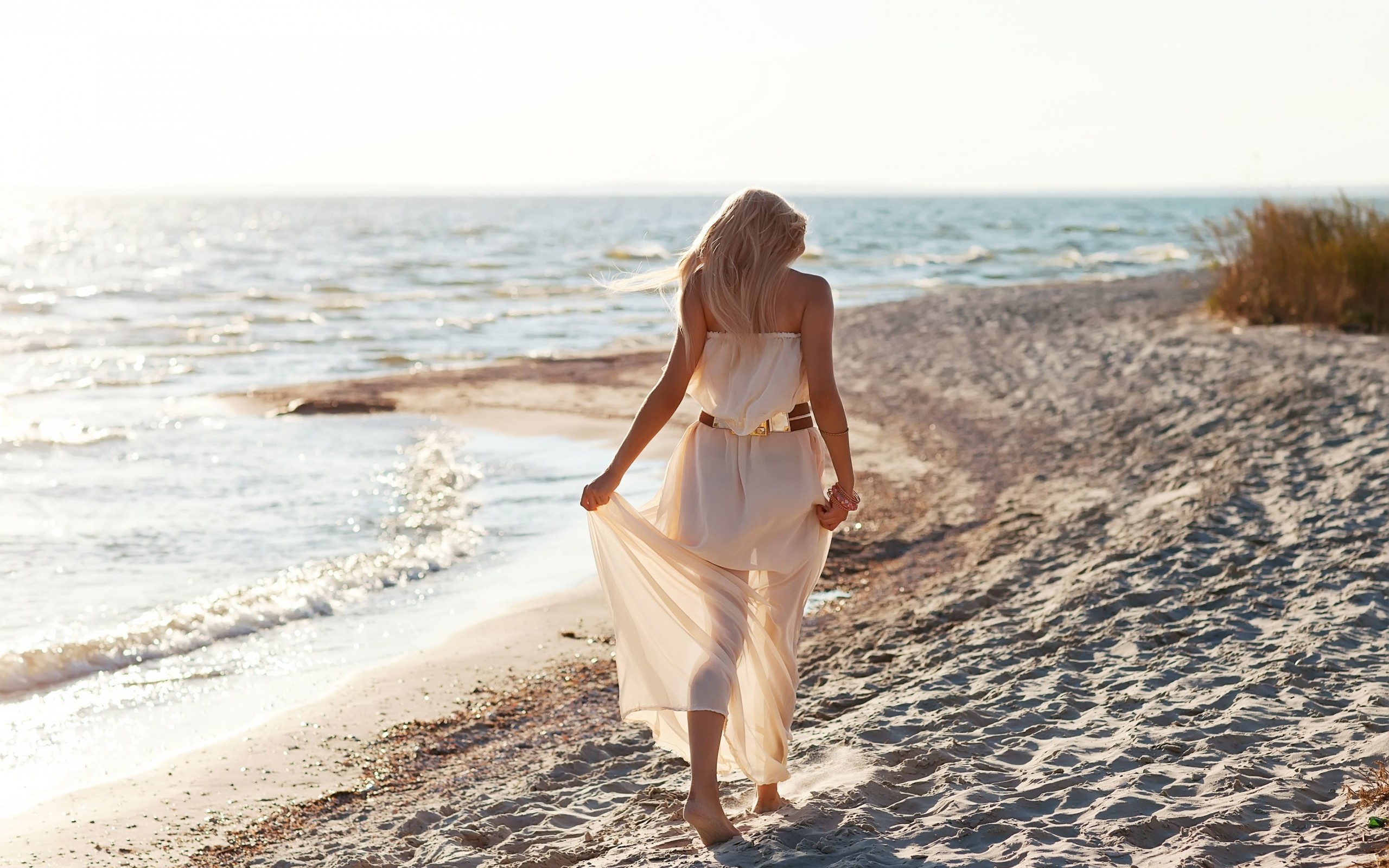 blondes, women, sand, models, white dress, sea, see-though dress ...