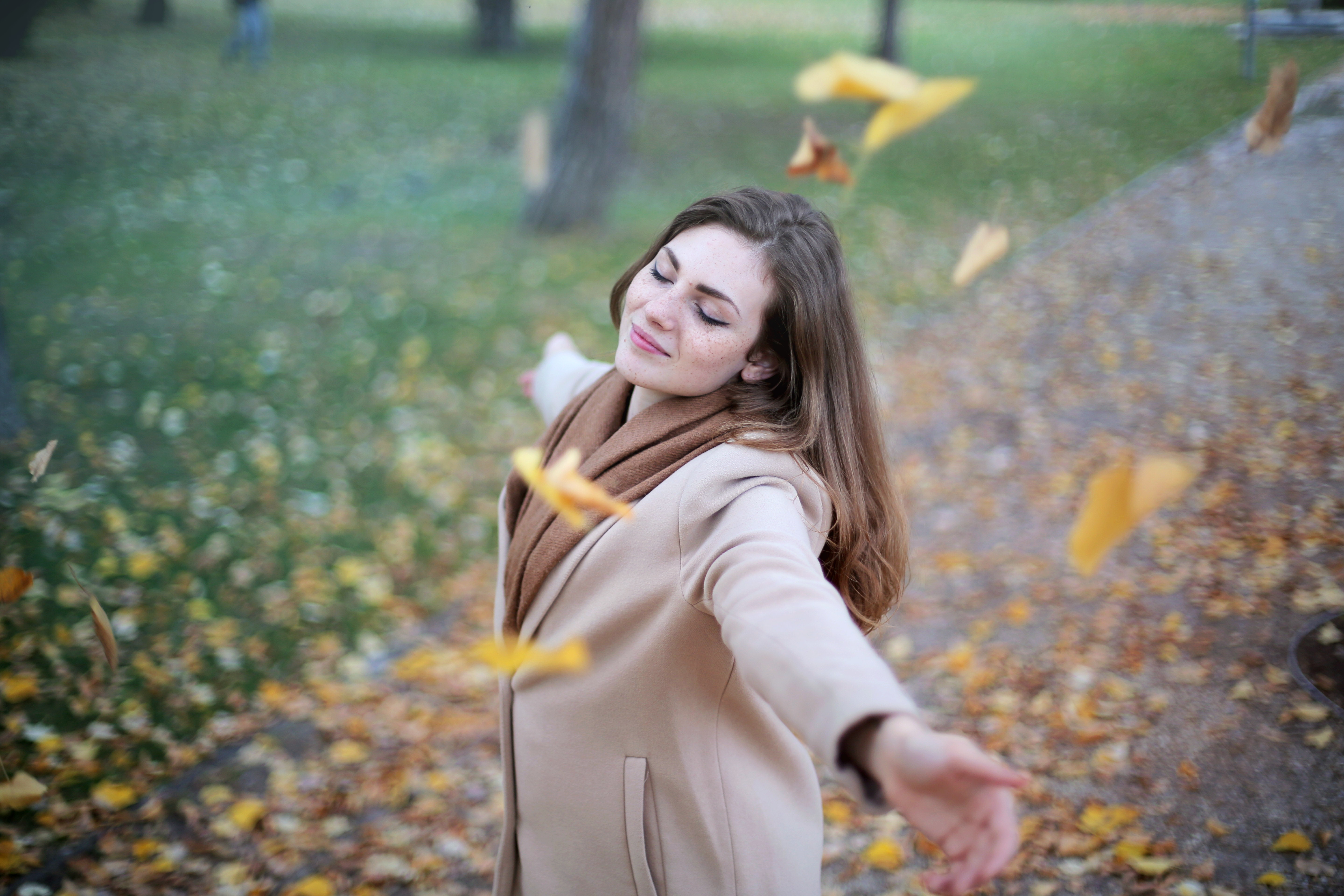 Woman Open Arms While Closed-eyes Smiling Photo, Adult, Photoshoot, Leaves, Leisure, HQ Photo