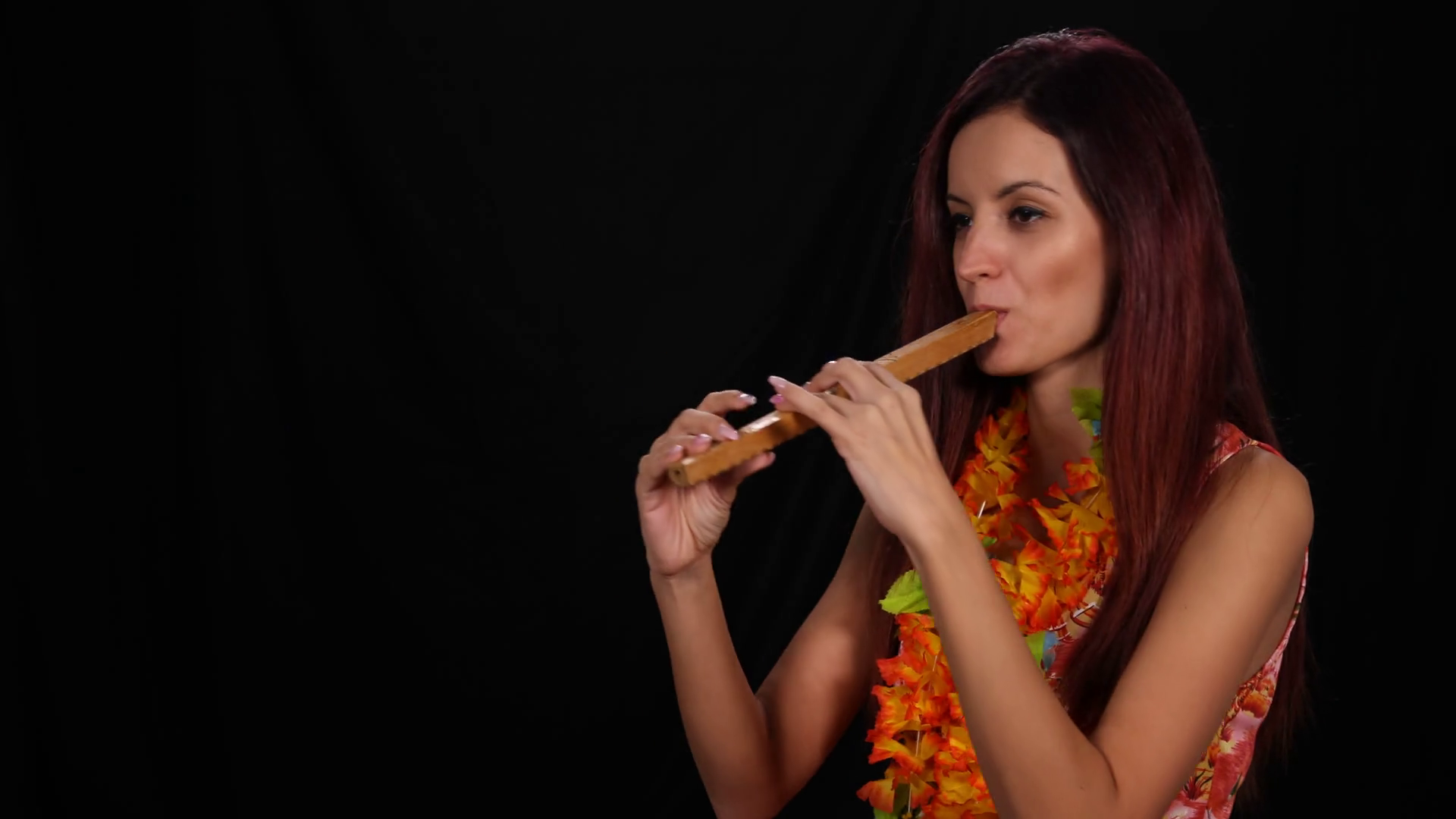 Portrait of Latin Woman Musician Play on Recorder Flute Instrument ...