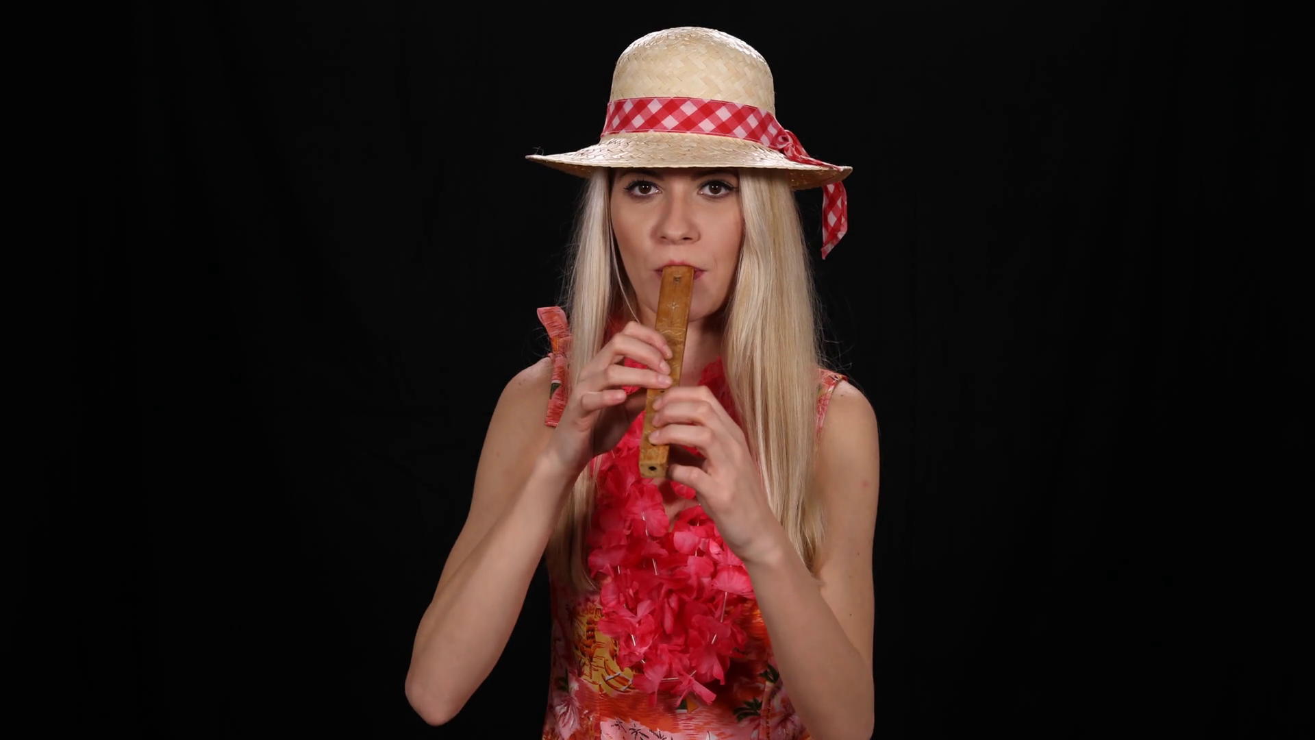 Portrait of Flutist Woman Playing Recorder Flute Instrument Popular ...
