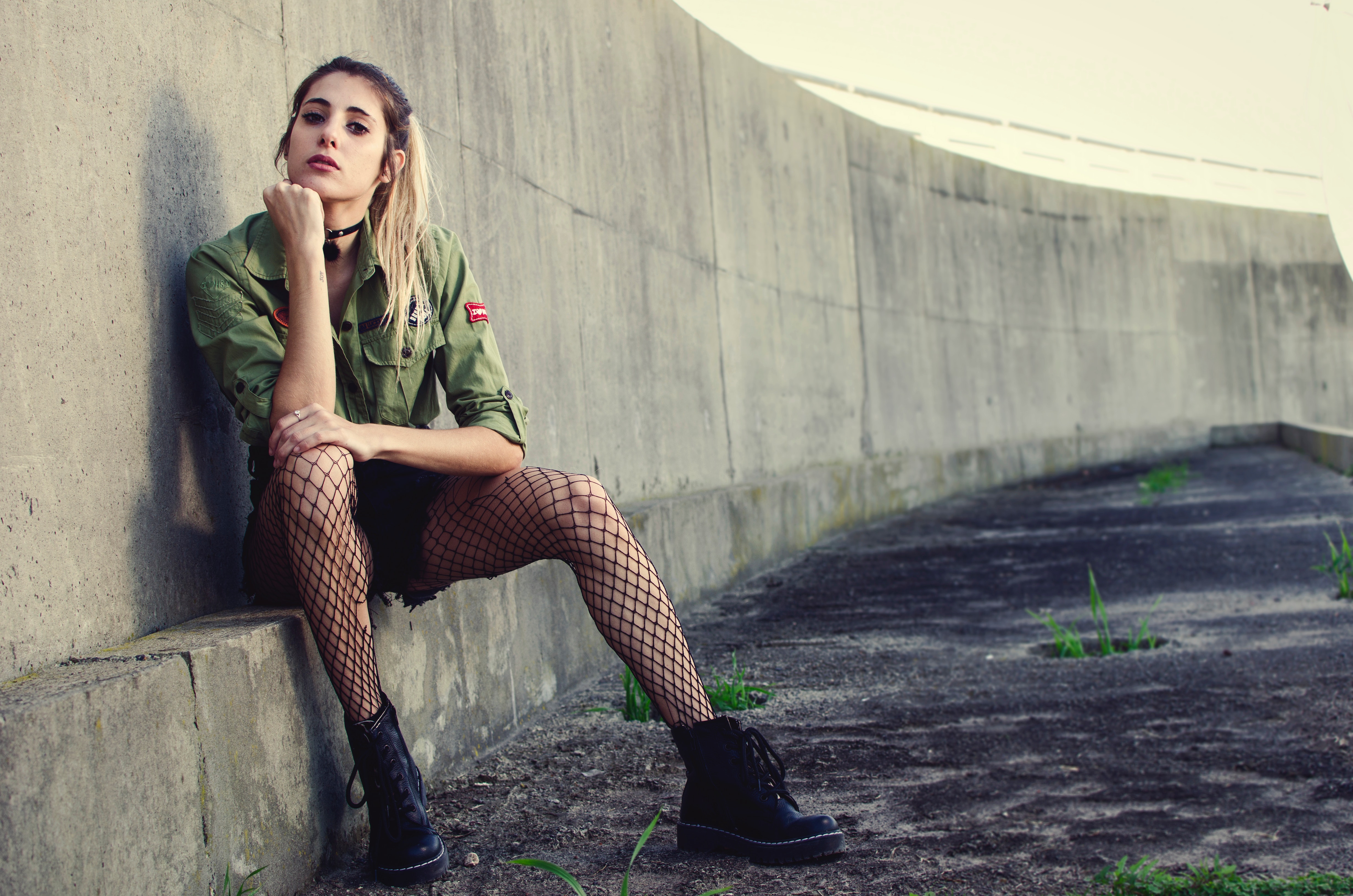 Woman Sits Besides Gray Concrete Wall, Attractive, Outdoors, Woman, Wear, HQ Photo