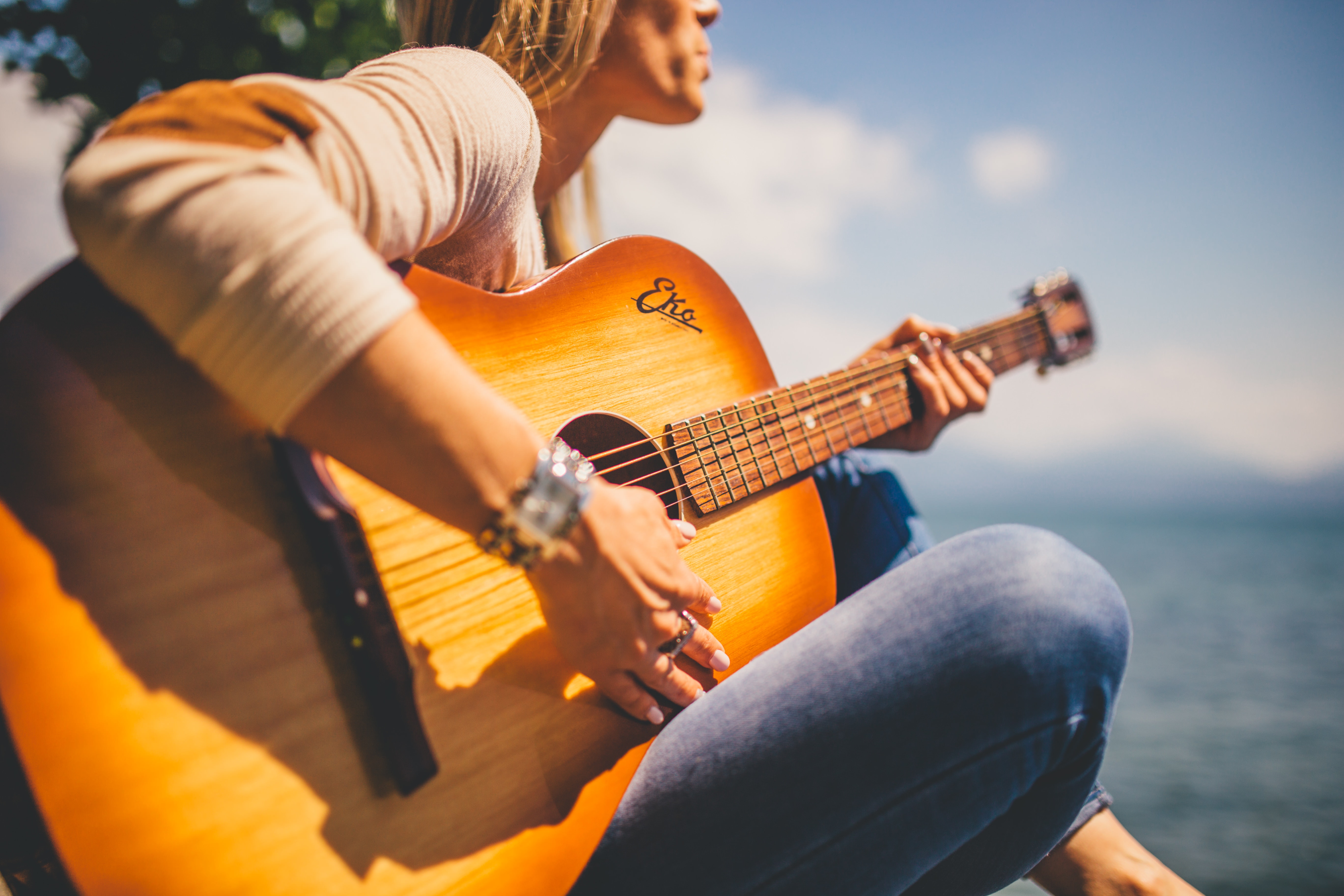 Woman Sitting Holding Guitar, Guitar, Music, Musical instrument, Musician, HQ Photo
