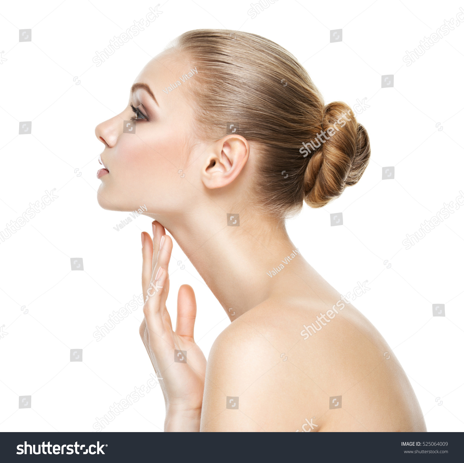 Portrait Beautiful Woman Who Touches Neck Stock Photo (Download Now ...