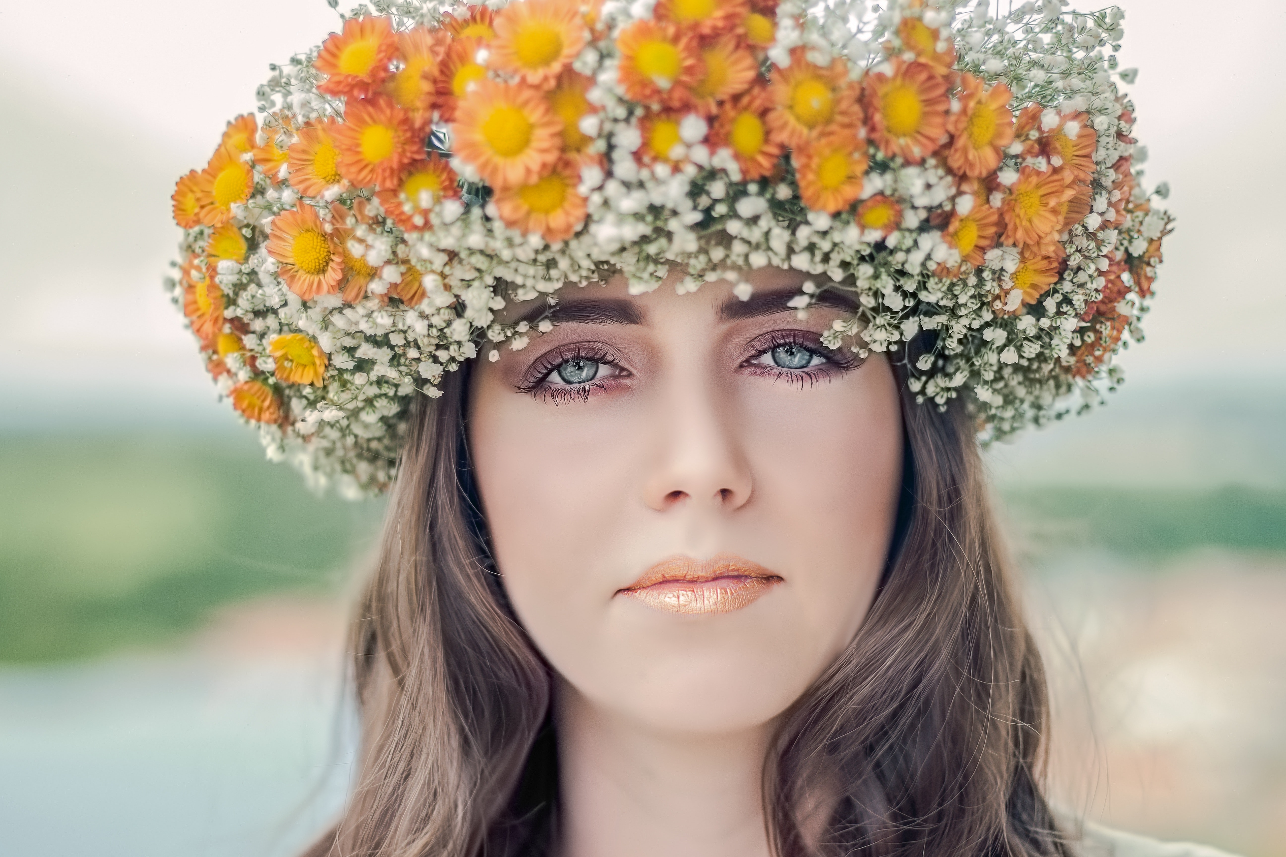 Woman Using White and Orange Floral Hat, Beauty, Brunette, Face, Female, HQ Photo
