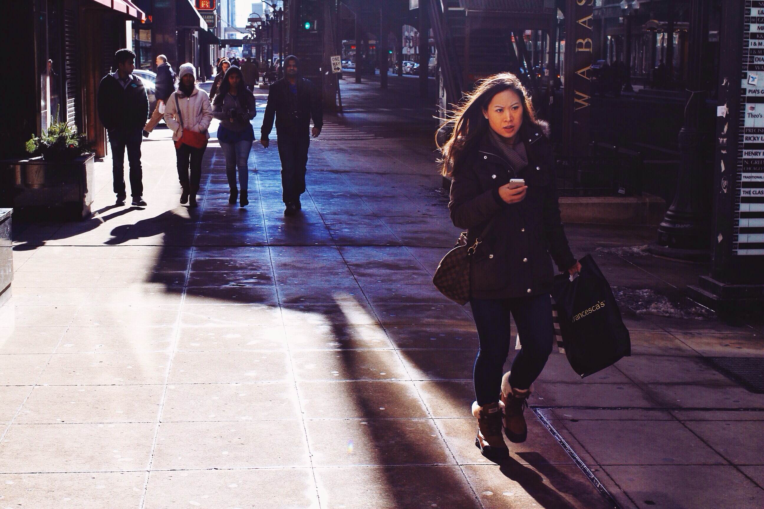 Woman Walks Down Wabash Avenue In The Loop, Chicago | Beautiful ...