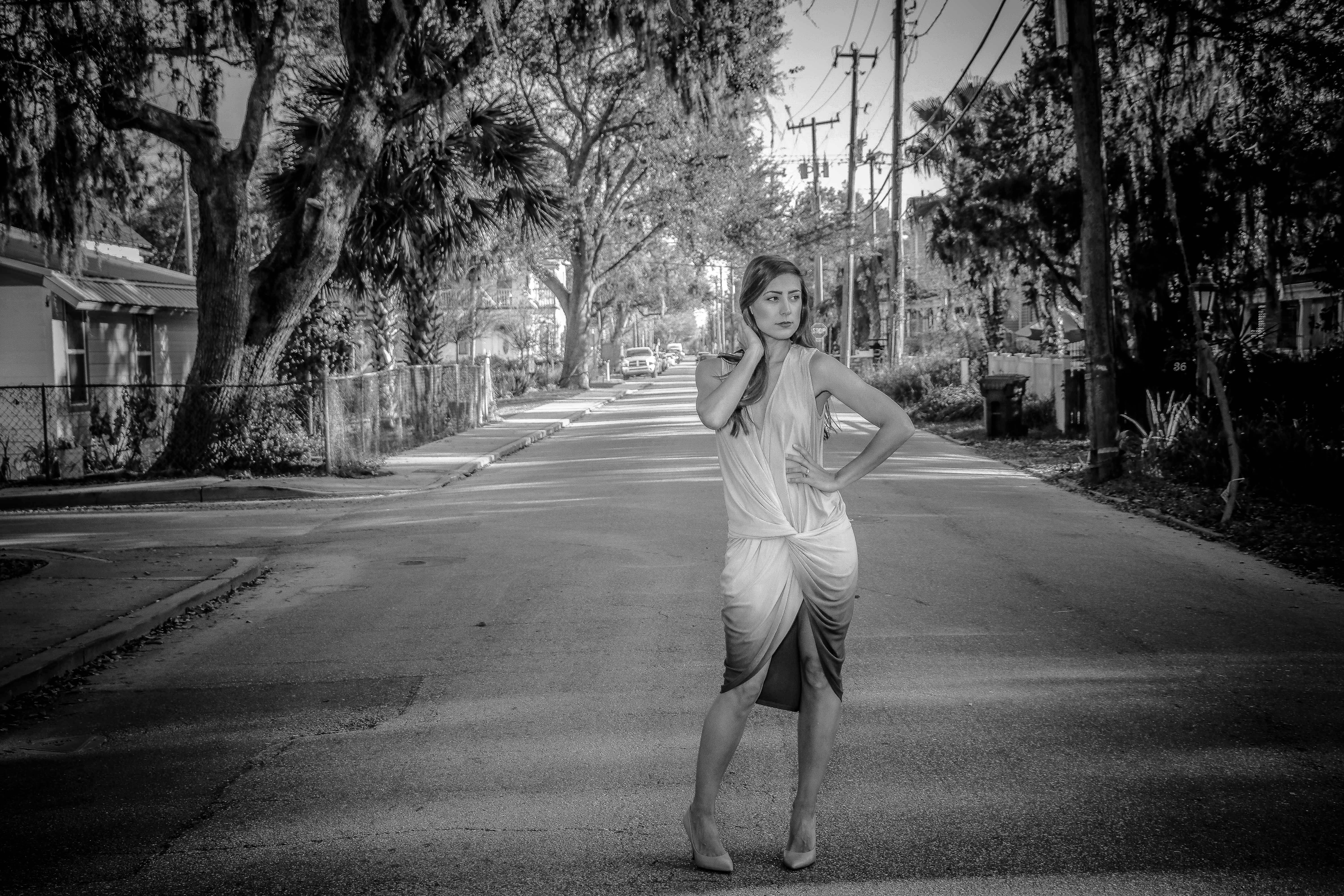 Woman Wearing Dress Standing on Center of Road, Pose, Young, Woman, Urban, HQ Photo