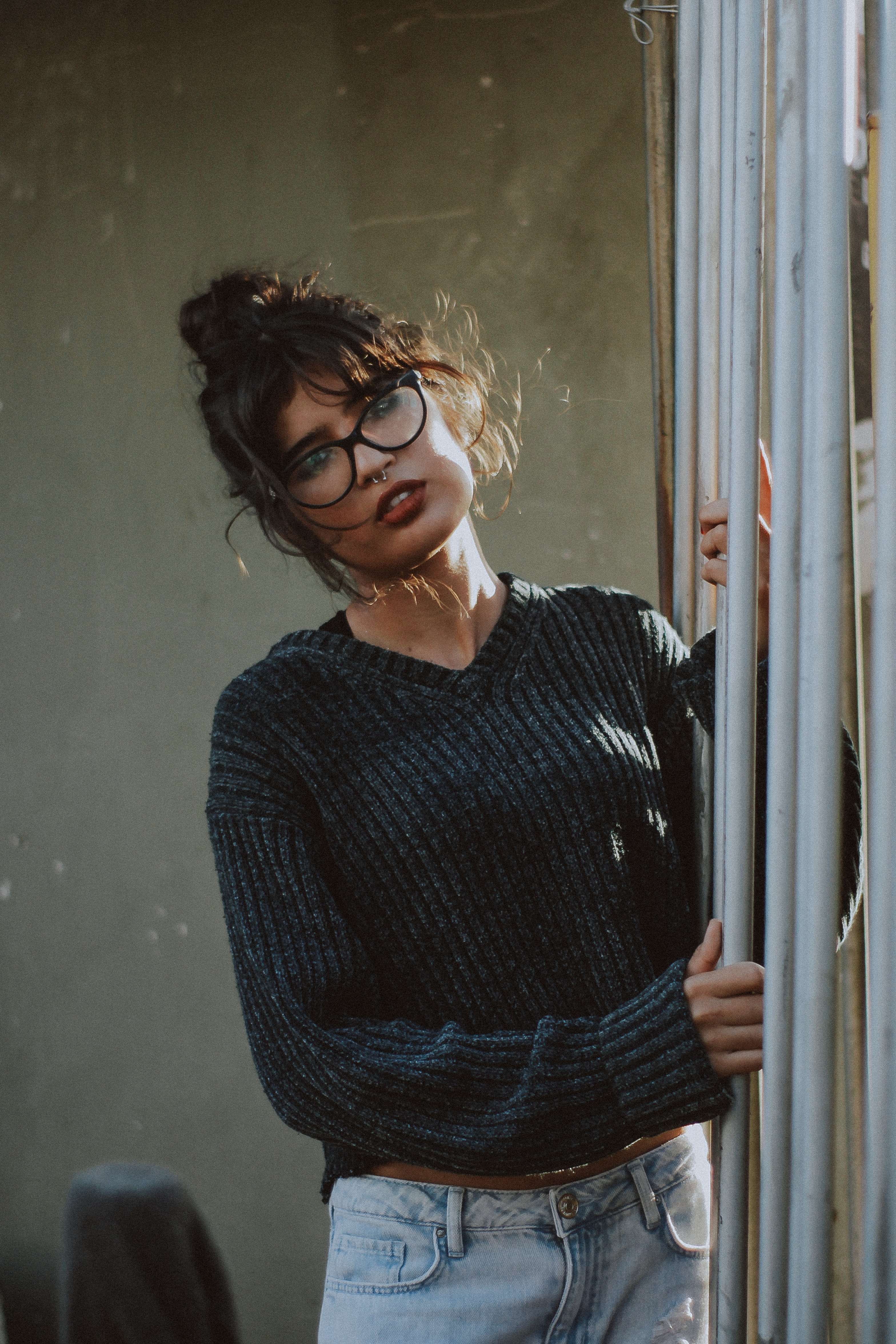 Woman wearing grey corduroy sweater photo