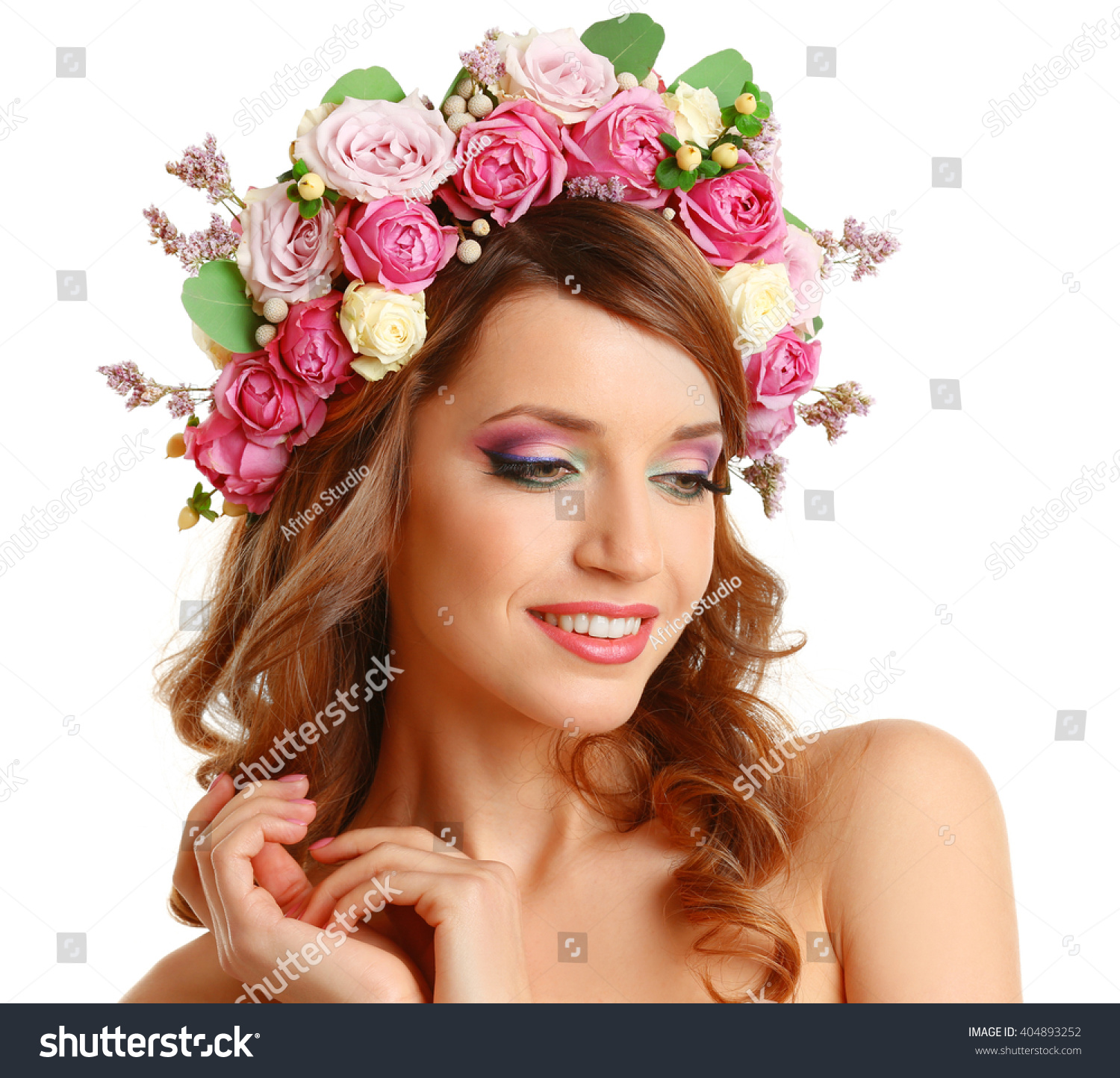 Beautiful Young Woman Wearing Floral Headband Stock Photo 404893252 ...