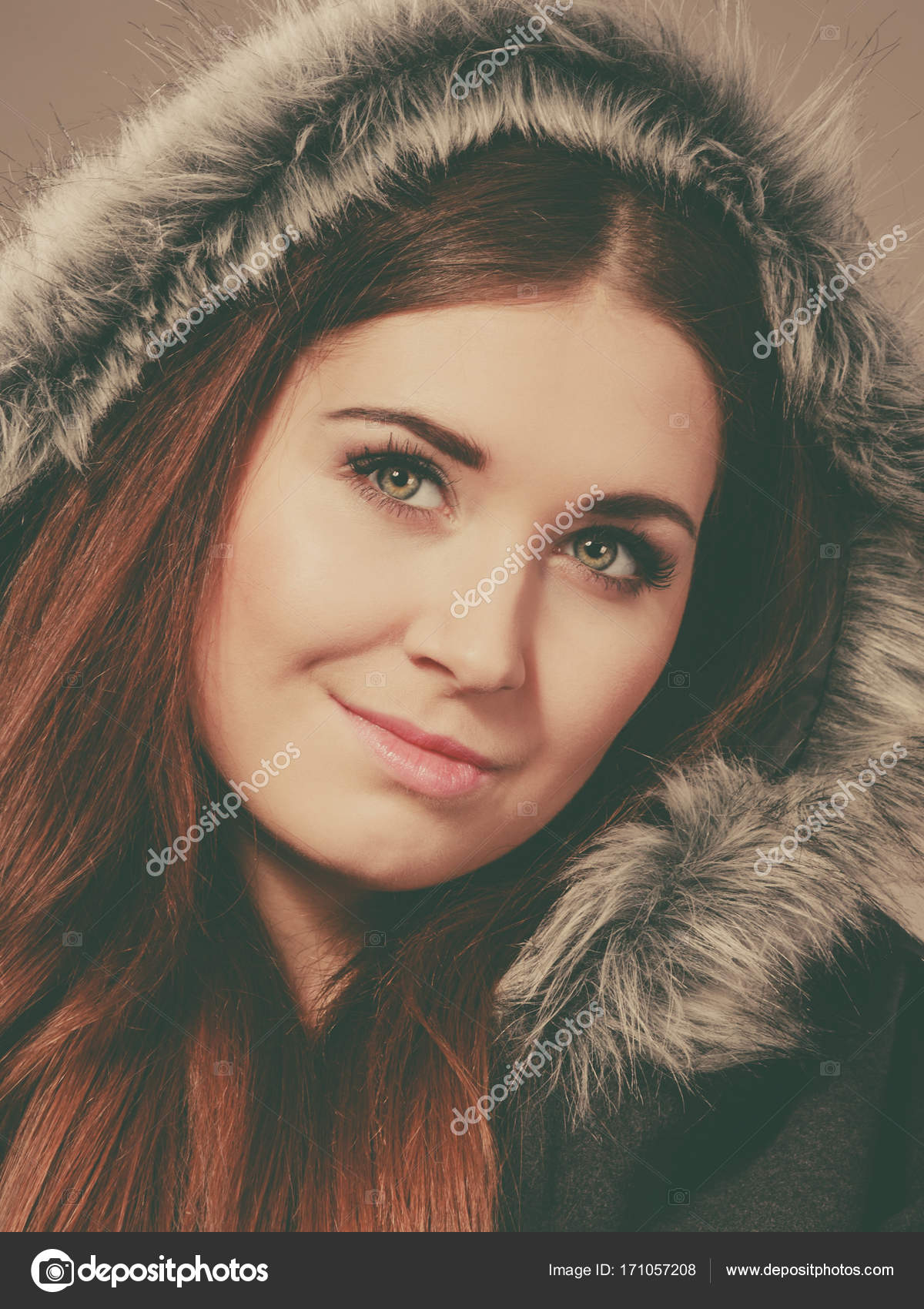 Happy woman wearing dark poncho coat with hood — Stock Photo ...