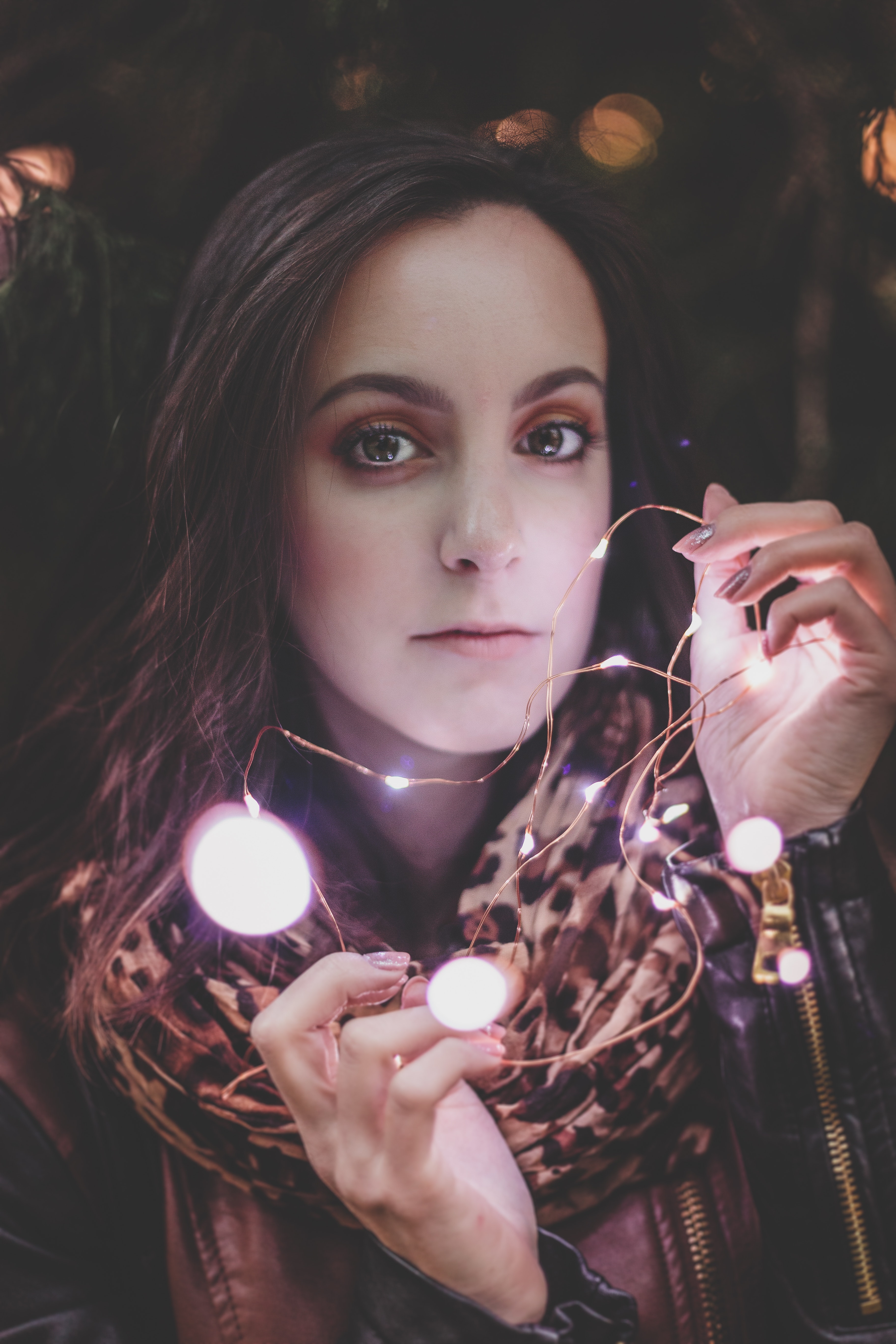 Woman Wearing Leather Jacket And Leopard Print Scarf Holding String Light, Attractive, Portrait, Wear, Style, HQ Photo