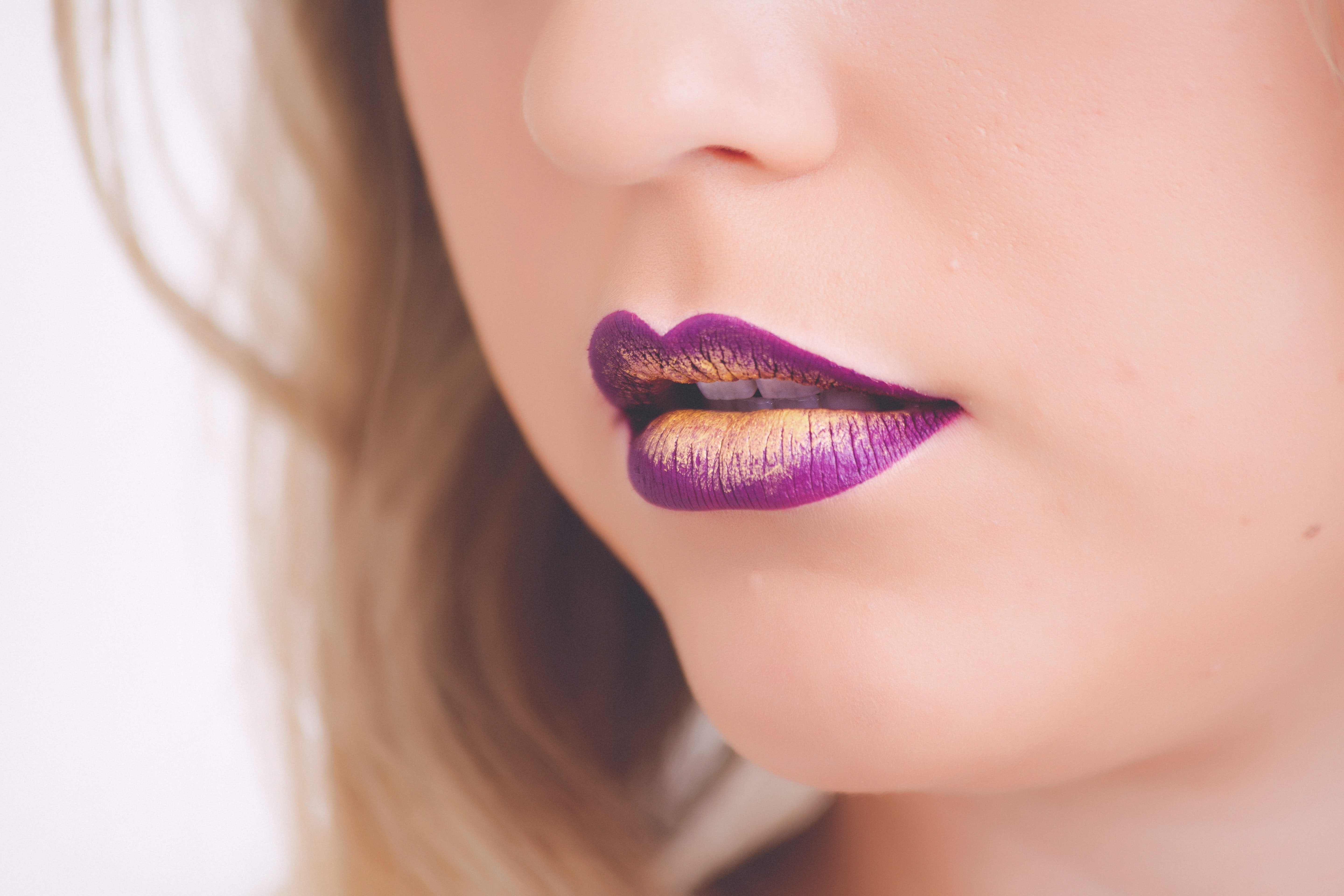 Woman Wearing Purple and Beige Lipstick, Beauty, Nose, Yellow, Woman, HQ Photo