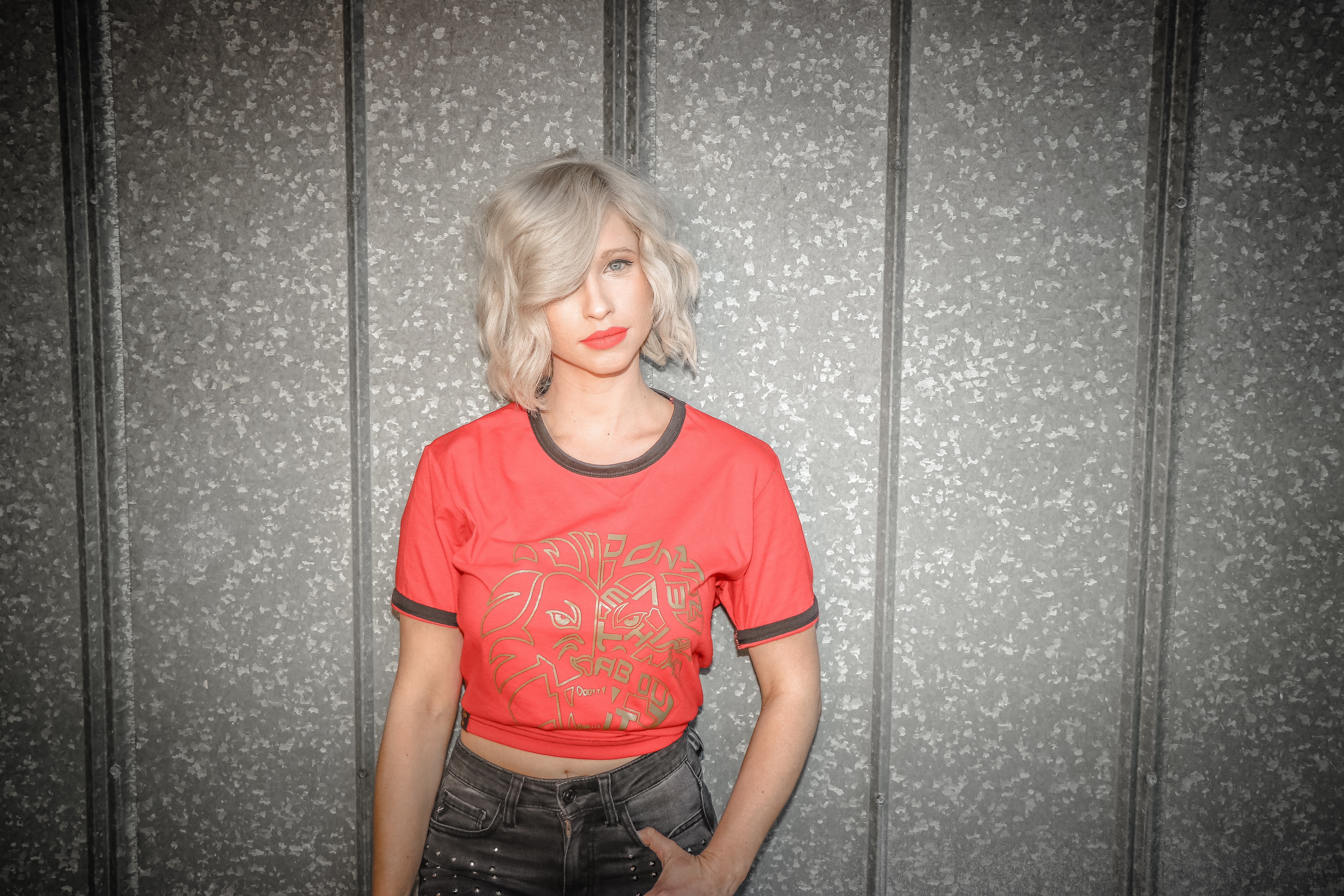 Woman wearing red and gray crew-neck t-shirt photo
