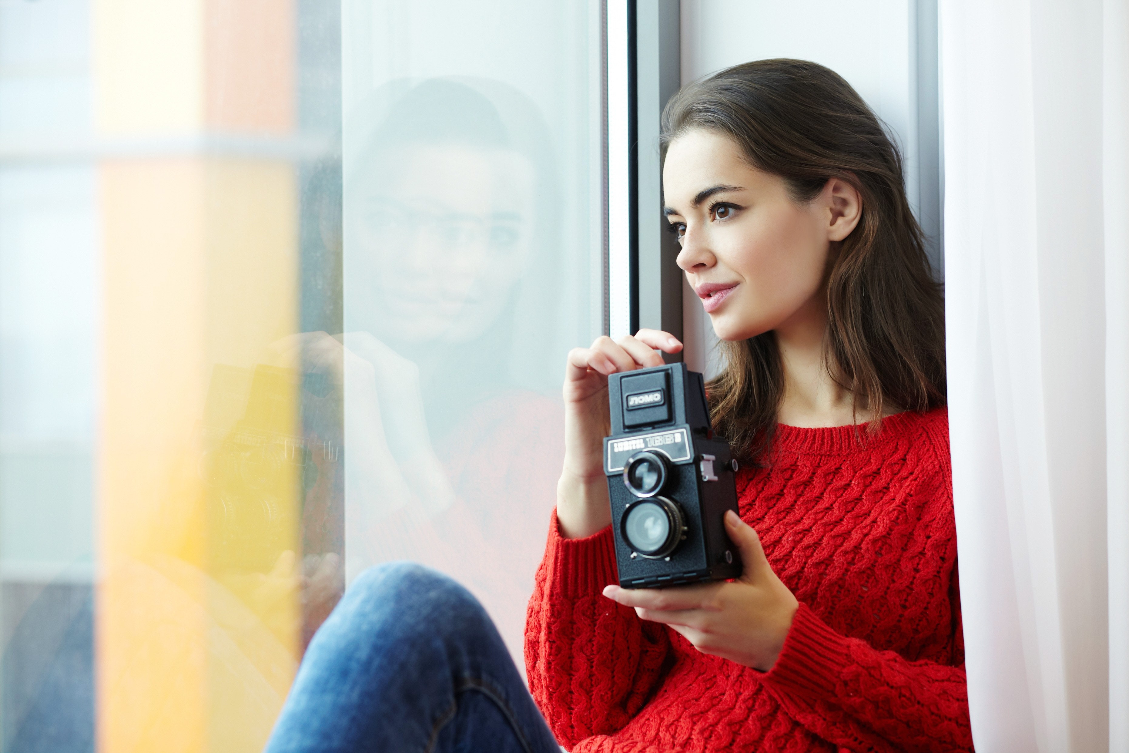 Woman Wearing Red Knitted Shirt Holding Instant Camera, Blue jeans, Lips, Woman, Wireless, HQ Photo