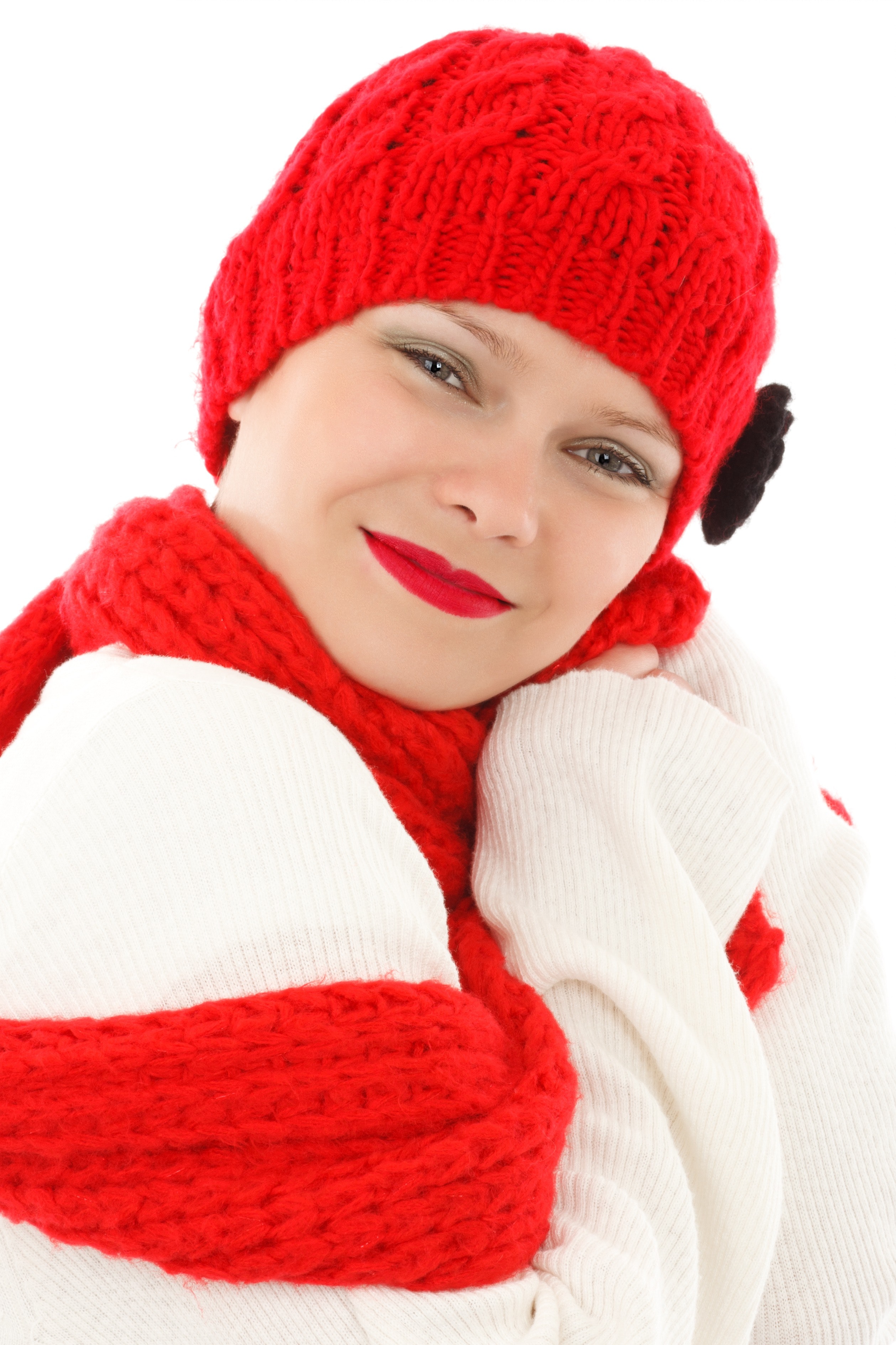 Woman wearing red snow cap photo