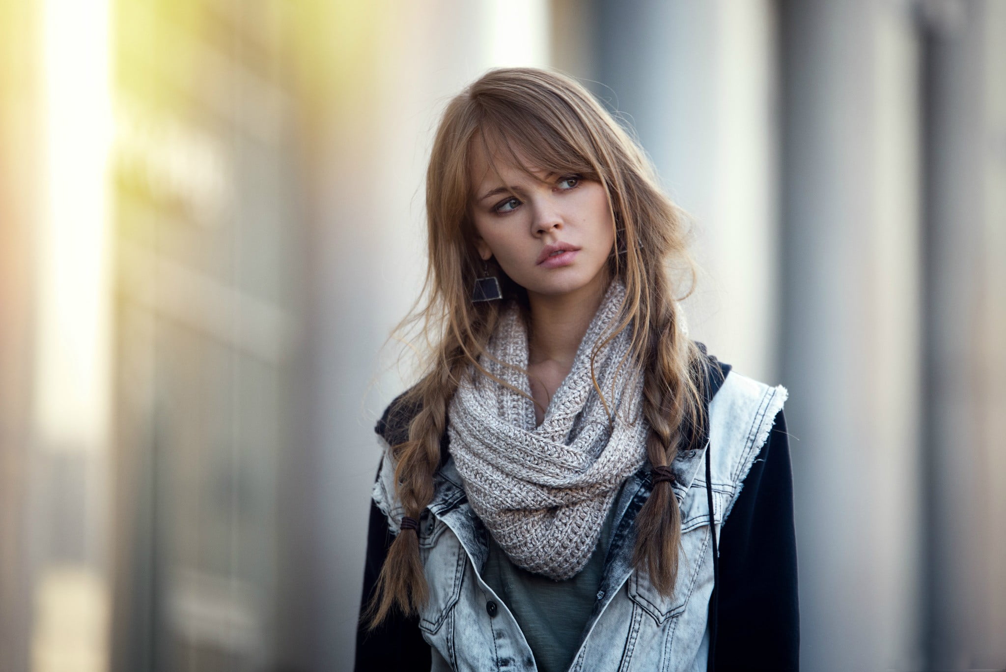 Selective focus photography of woman wearing scarf and denim jacket ...