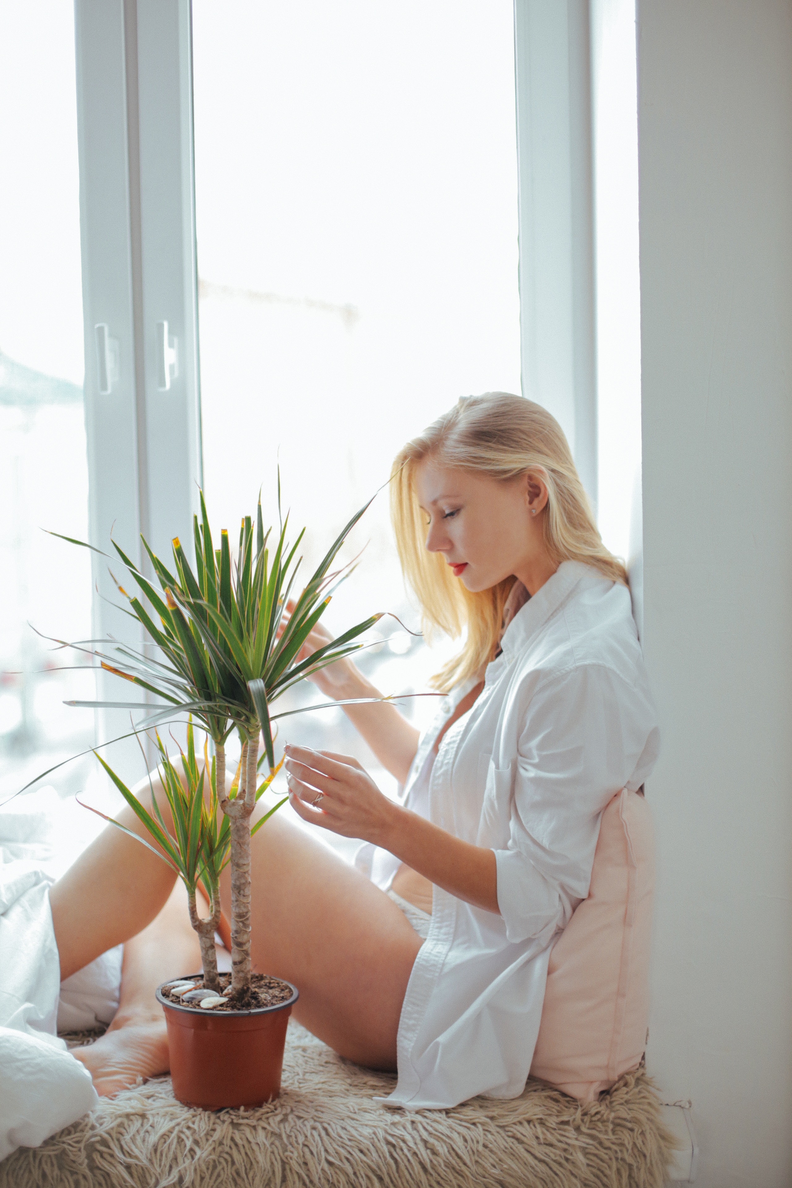 Woman wearing white long-sleeved shirt sitting beside green plant photo