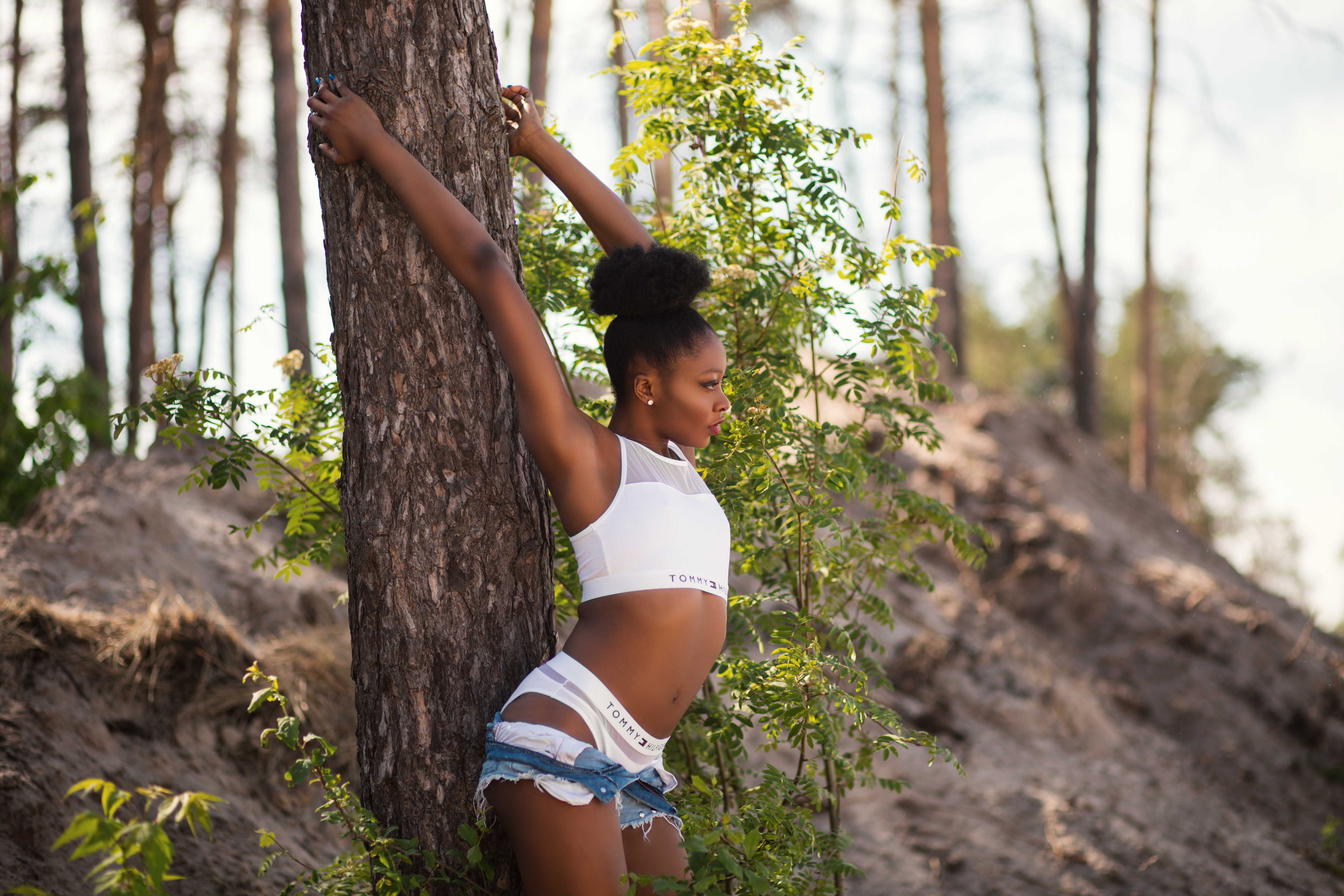 Woman Wearing White Sports Bra Holding Tree, Smile, Outfit, Person, Photoshoot, HQ Photo