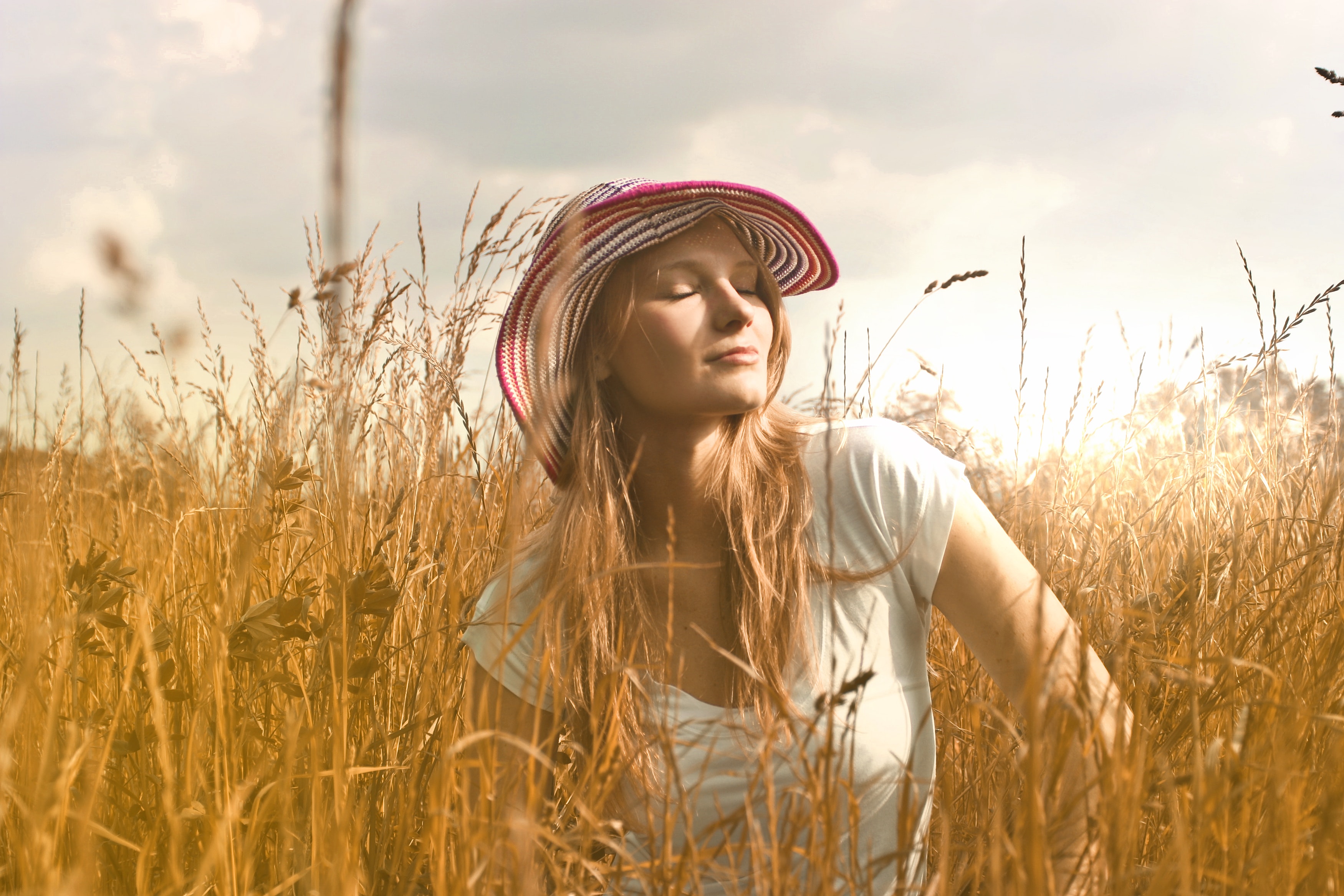 Woman Wearing White Top and Red and White Sunny Hat, Agriculture, Straw, Pleasure, Portrait, HQ Photo