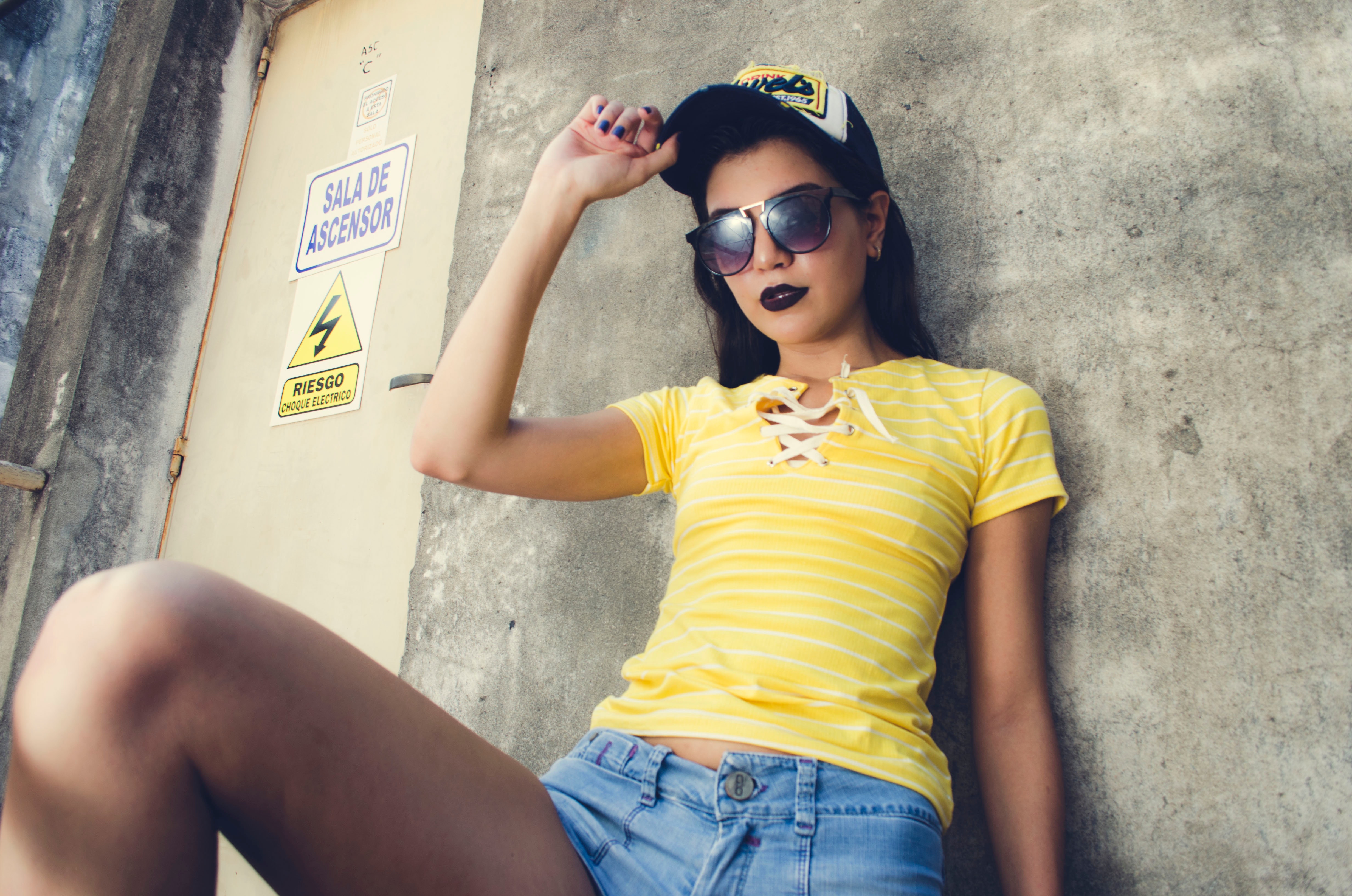 Woman Wearing Yellow Lace-up Neckline T-shirt, Person, Young, Woman, Wear, HQ Photo