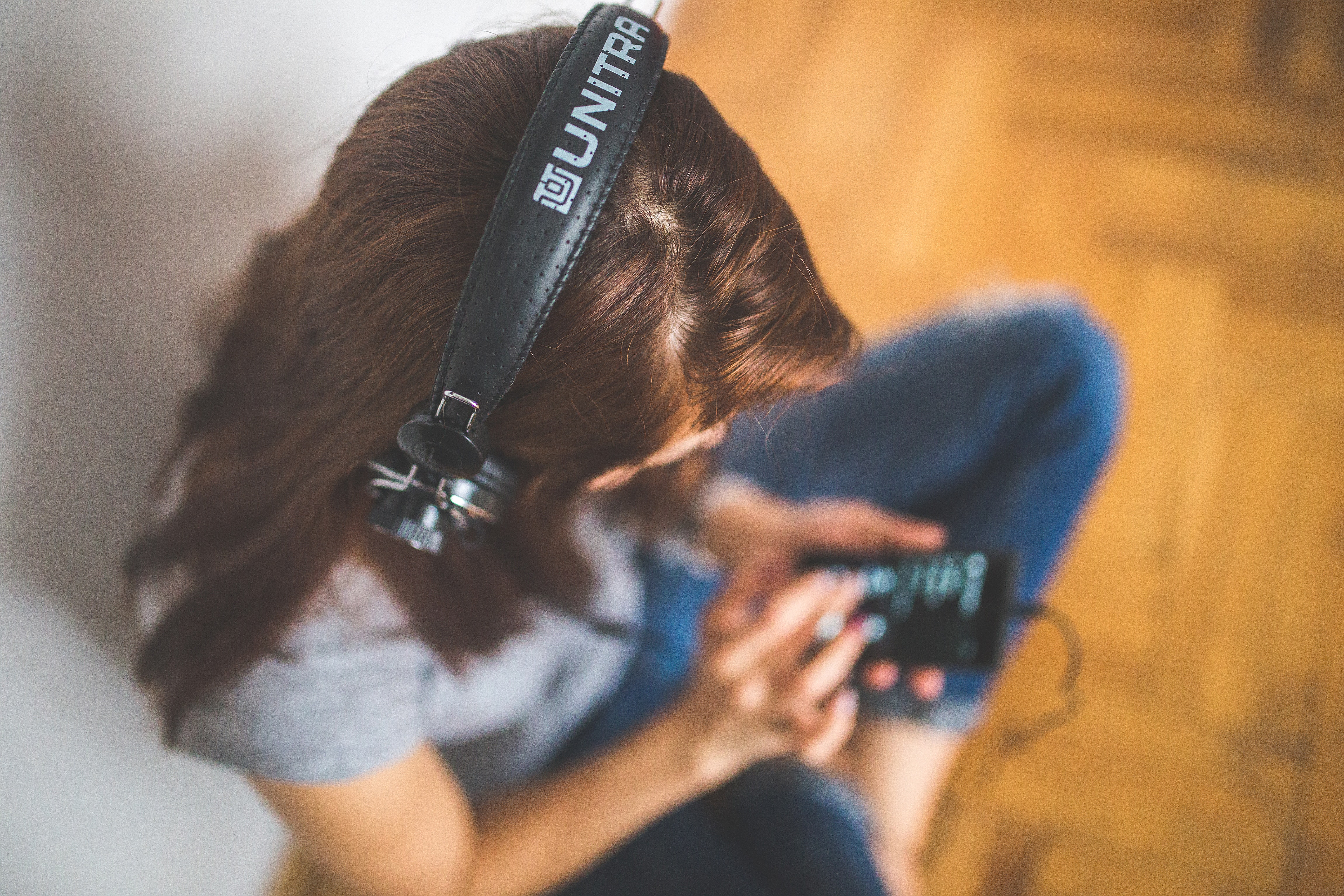 Woman with headphones listening music photo