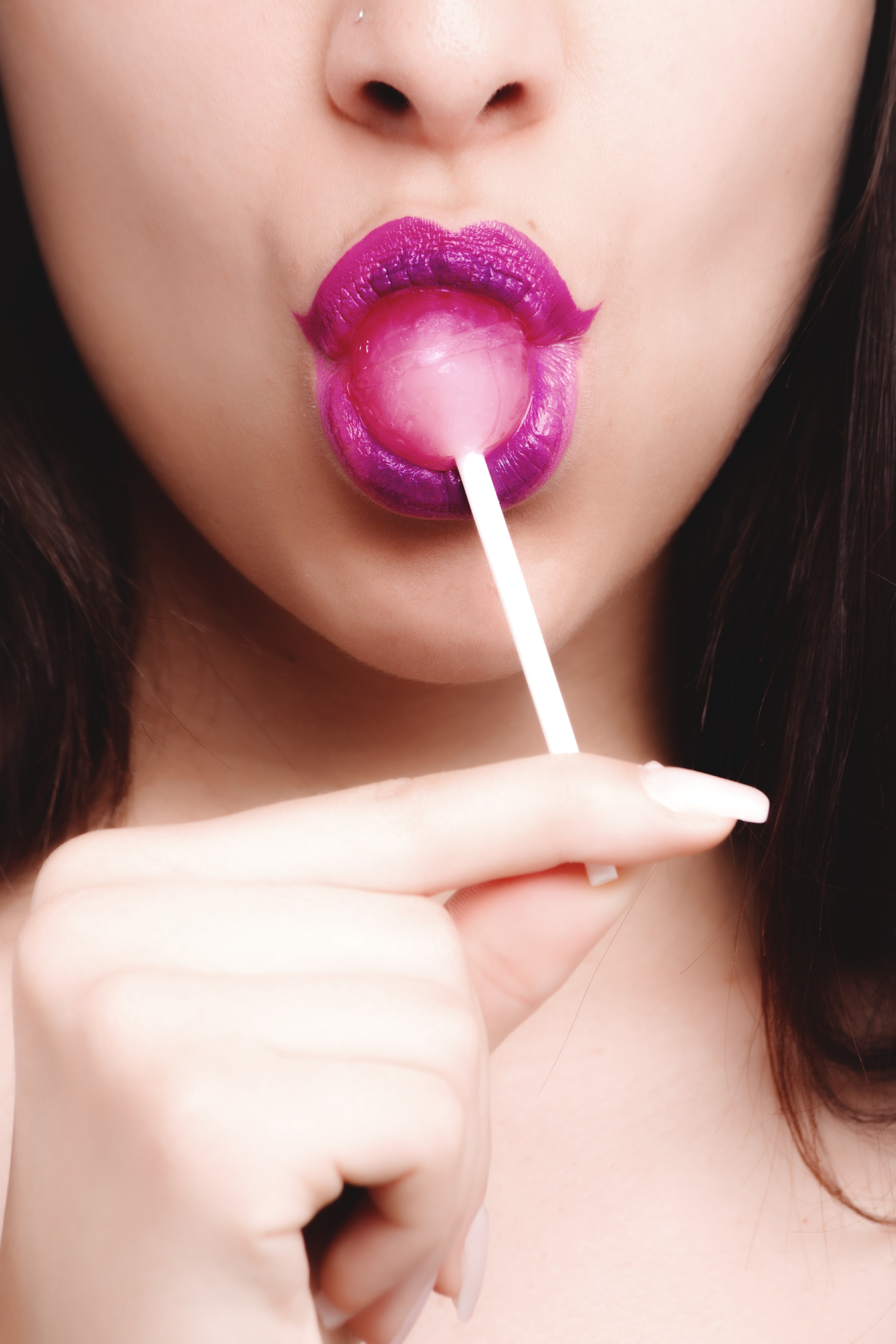 Woman With Pink Lipstick Licking Strawberry Lollipop, Close -up, Face, Fashion, Girl, HQ Photo