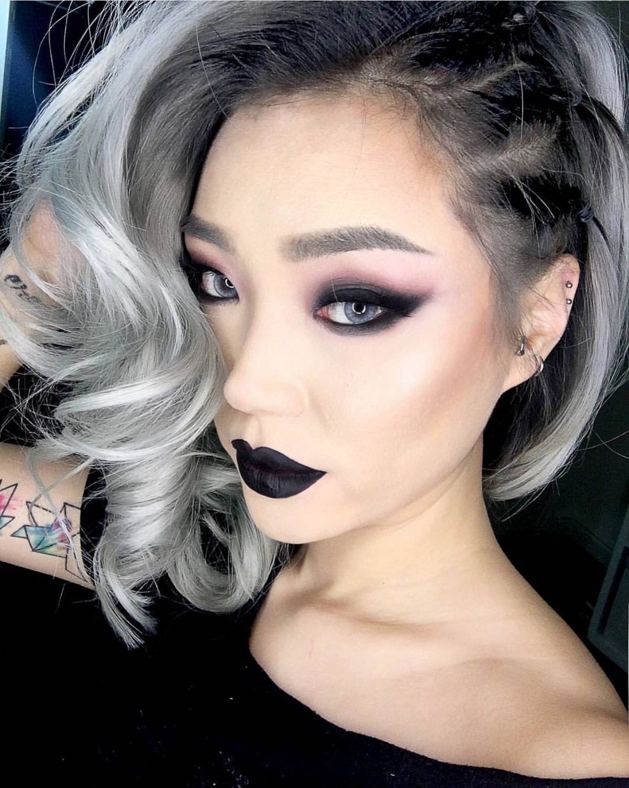 Silver hair color Sexy black lipstick and wicked side braids ...