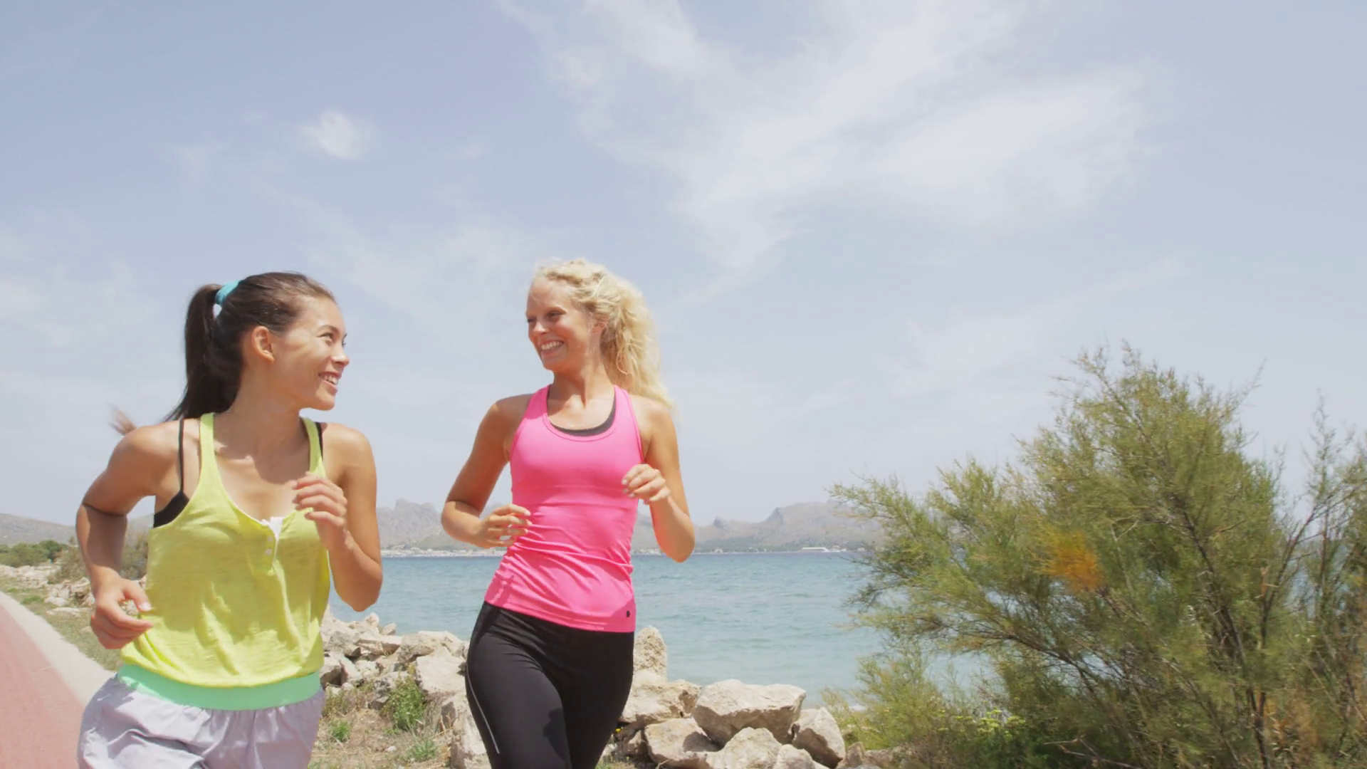 Exercise running women jogging happy by beach training healthy ...
