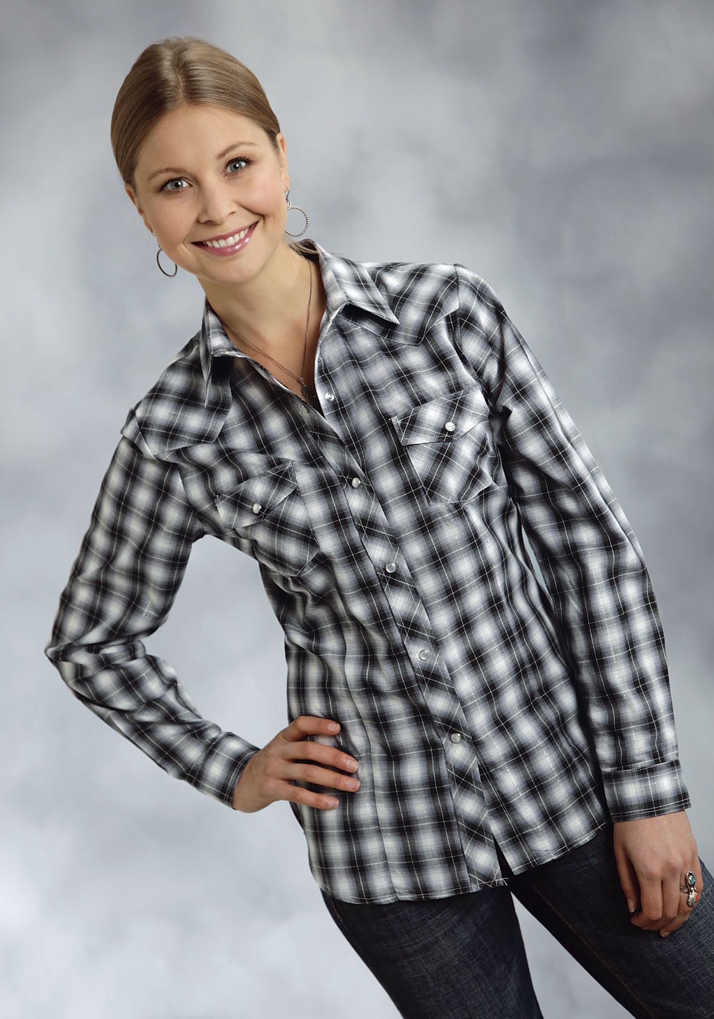 Roper® Women's Black Grey White Plaid LS Snap Western Shirt